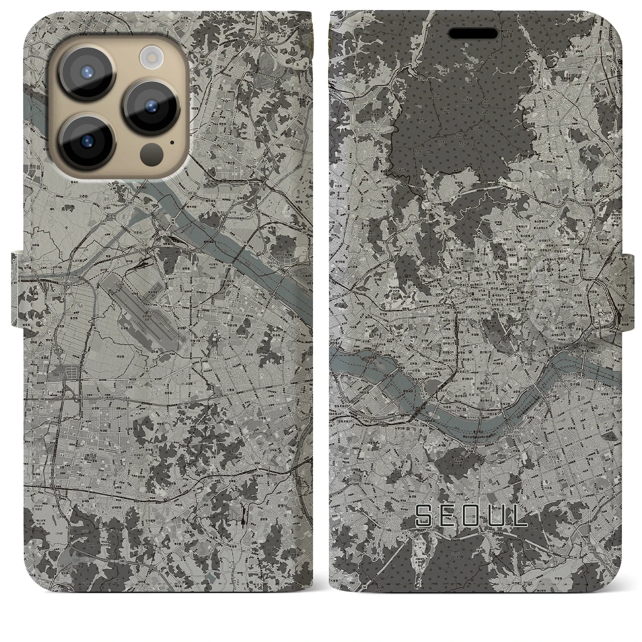 【ソウル(韓国)】地図柄iPhoneケース(手帳タイプ)モノトーン・iPhone 14 Pro Max 用