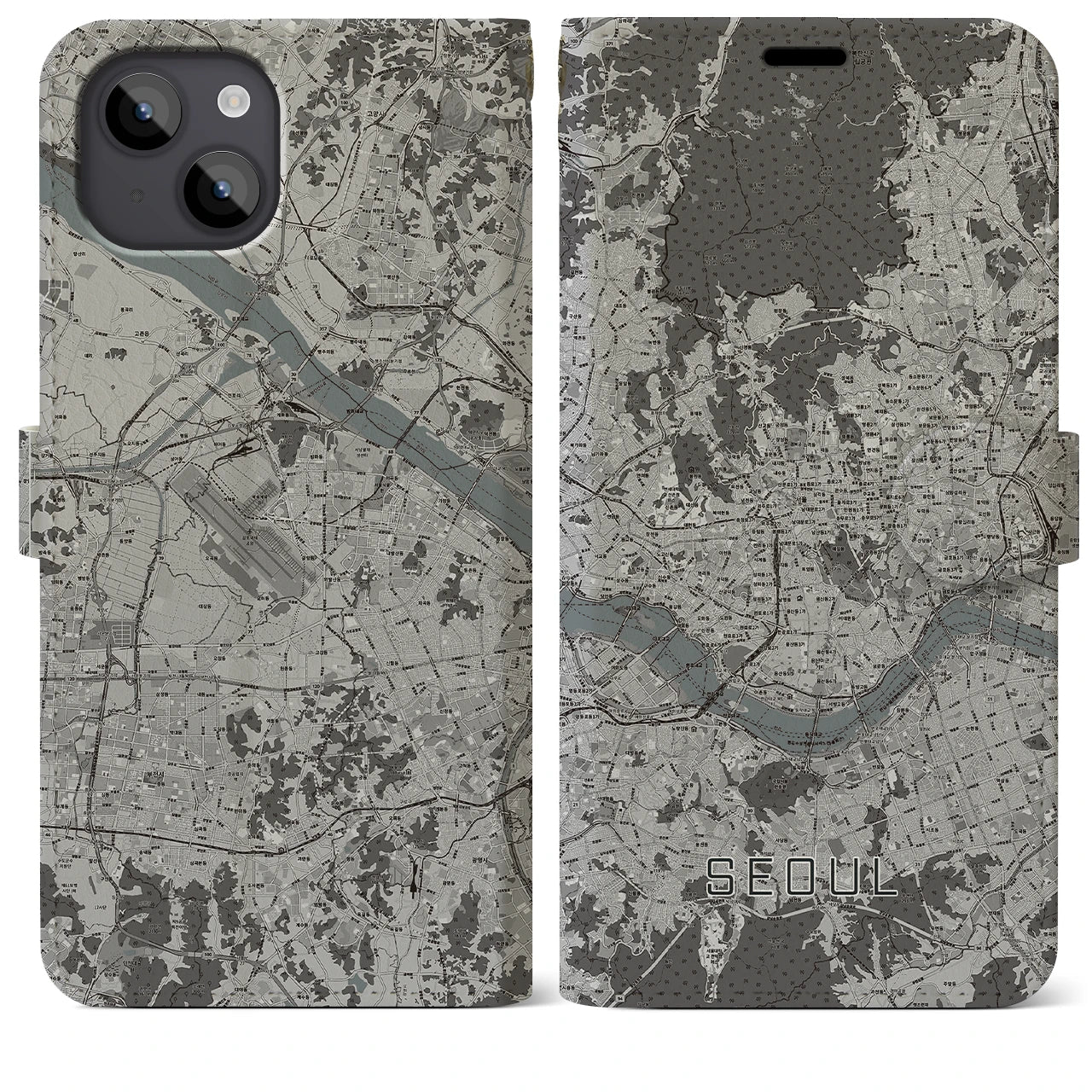 【ソウル(韓国)】地図柄iPhoneケース(手帳タイプ)モノトーン・iPhone 14 Plus 用