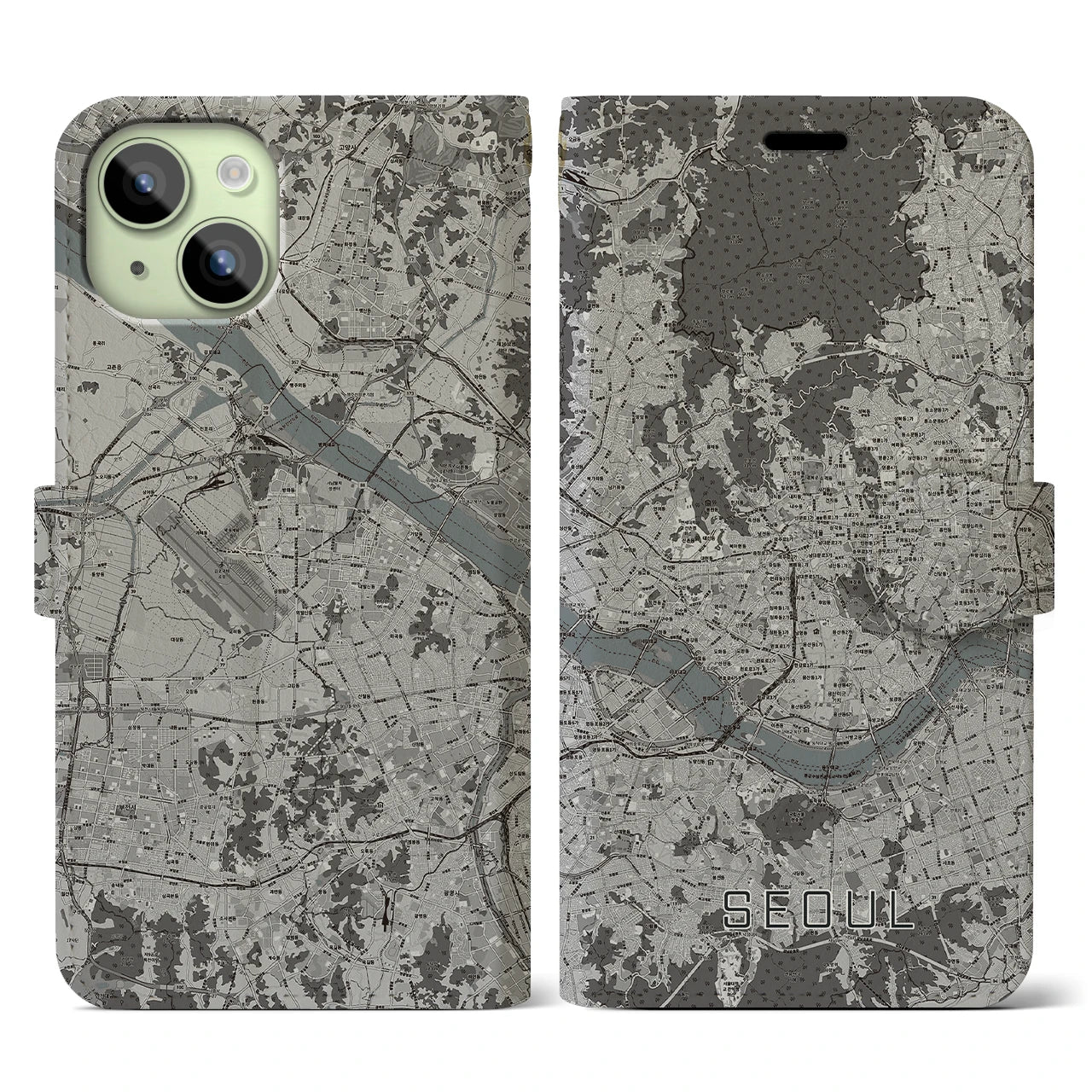 【ソウル(韓国)】地図柄iPhoneケース(手帳タイプ)モノトーン・iPhone 15 用