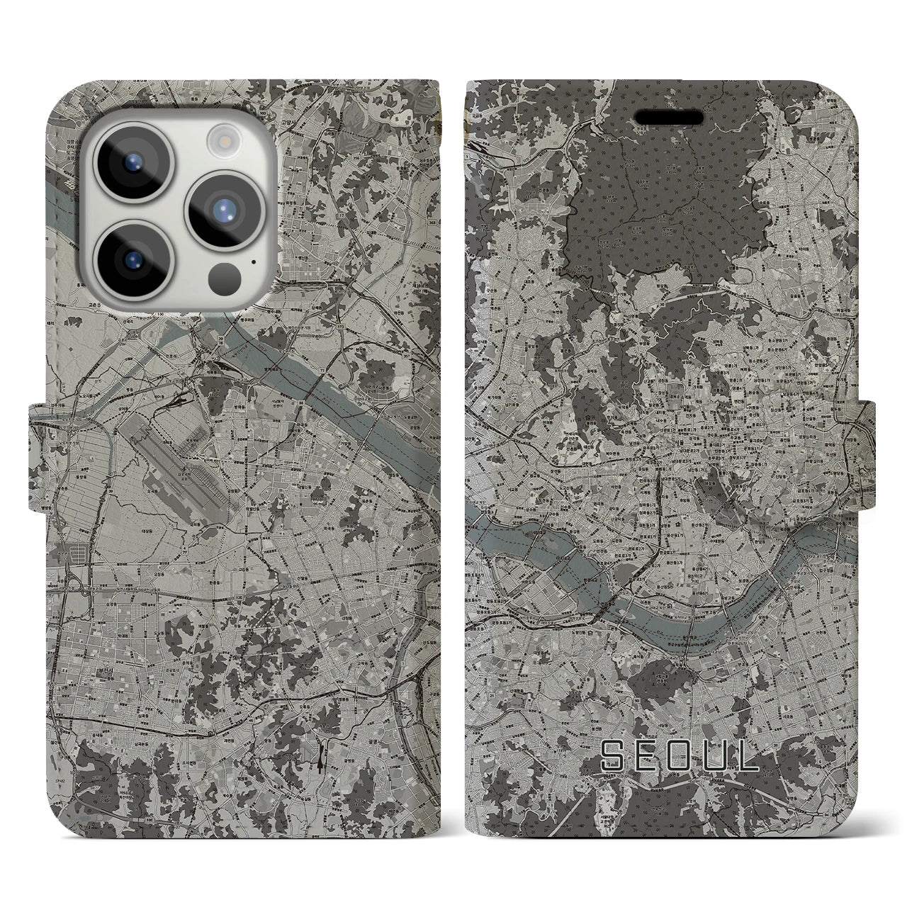 【ソウル(韓国)】地図柄iPhoneケース(手帳タイプ)モノトーン・iPhone 15 Pro 用