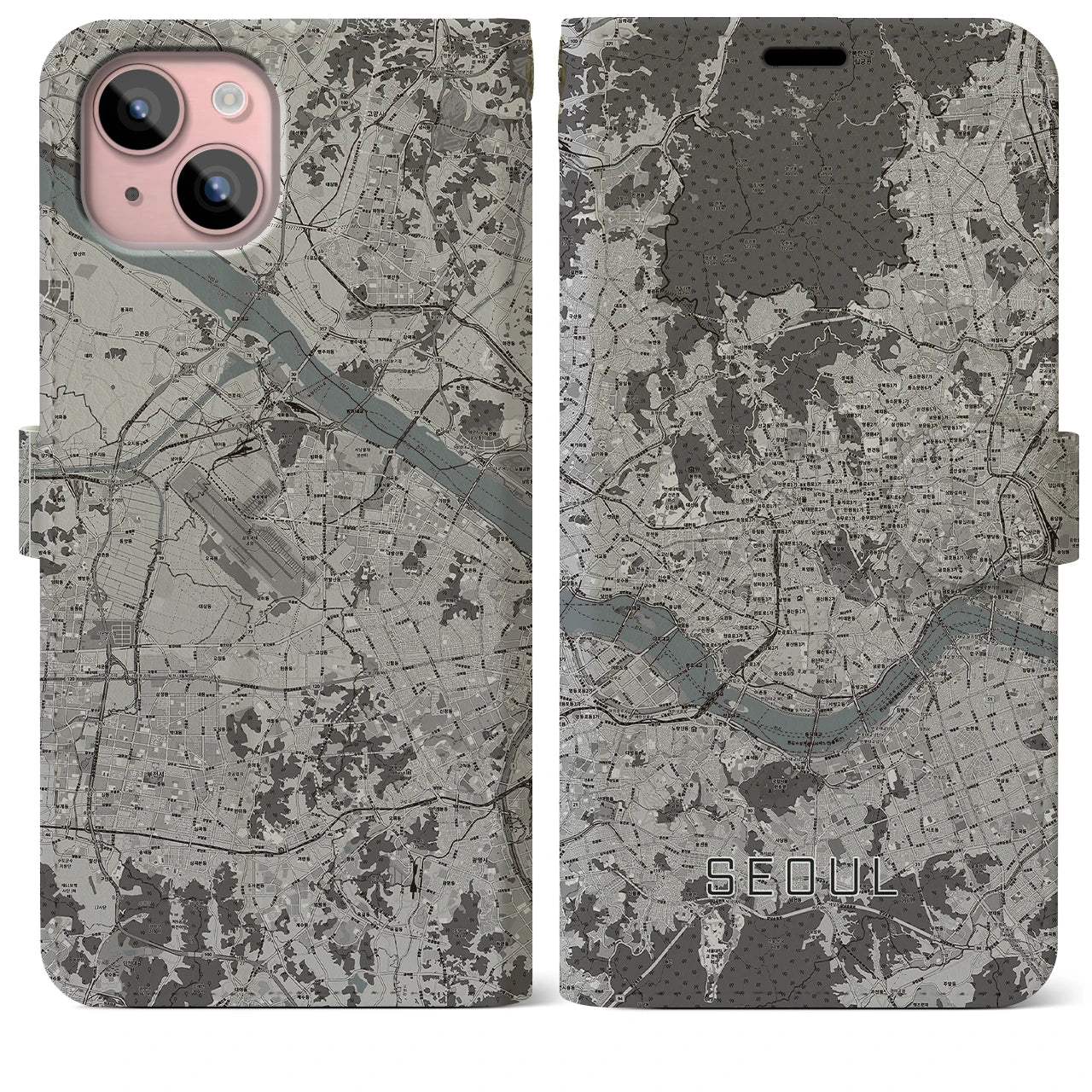 【ソウル(韓国)】地図柄iPhoneケース(手帳タイプ)モノトーン・iPhone 15 Plus 用