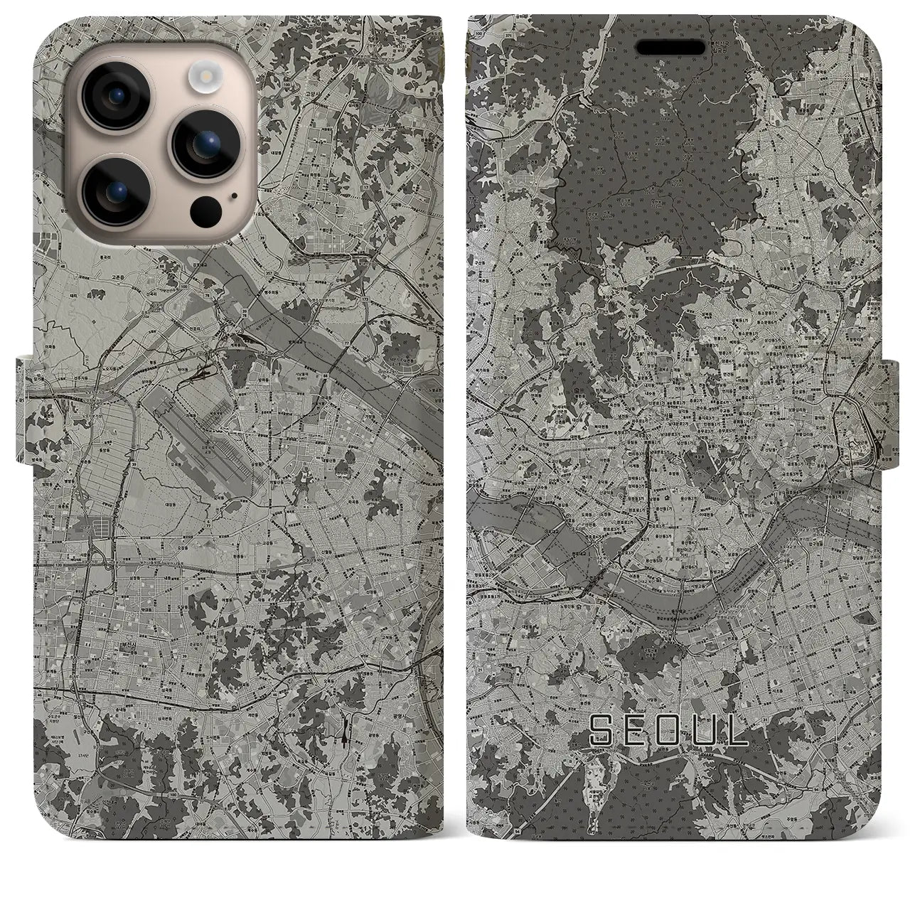 【ソウル(韓国)】地図柄iPhoneケース(手帳タイプ)モノトーン・iPhone 16 Plus 用