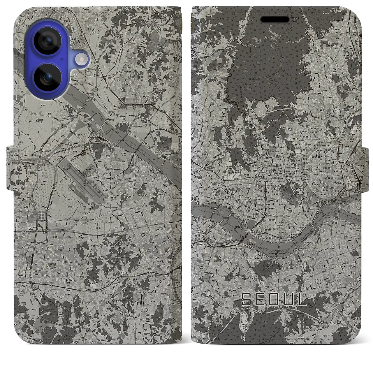 【ソウル(韓国)】地図柄iPhoneケース(手帳タイプ)モノトーン・iPhone 16 Pro Max 用