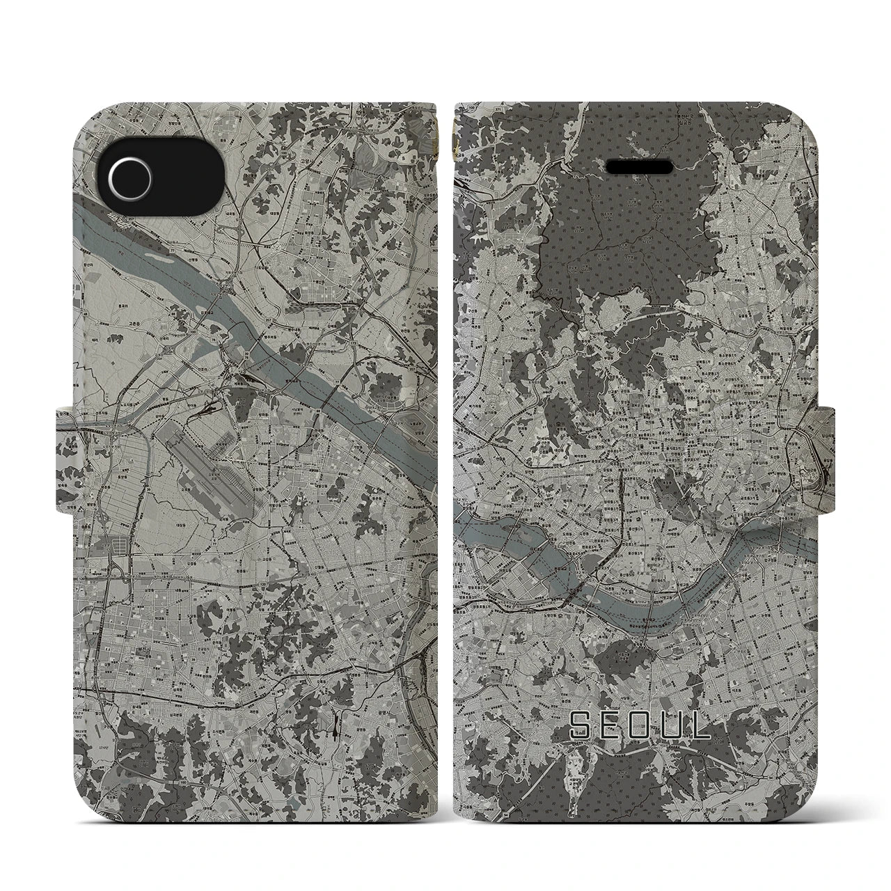 【ソウル(韓国)】地図柄iPhoneケース(手帳タイプ)モノトーン・iPhone SE(第3 / 第2世代) / 8 / 7 / 6s / 6 用