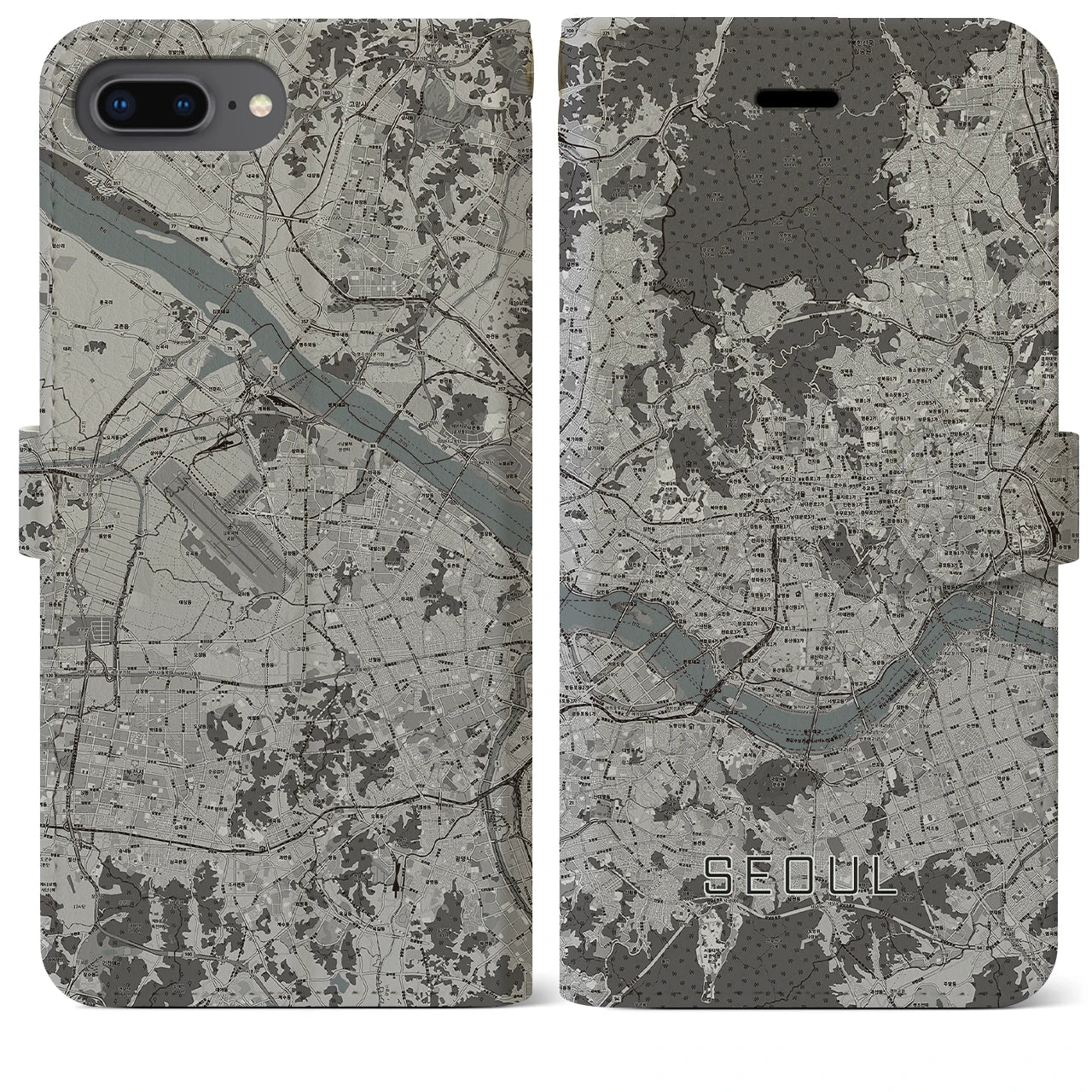 【ソウル(韓国)】地図柄iPhoneケース(手帳タイプ)モノトーン・iPhone 8Plus /7Plus / 6sPlus / 6Plus 用