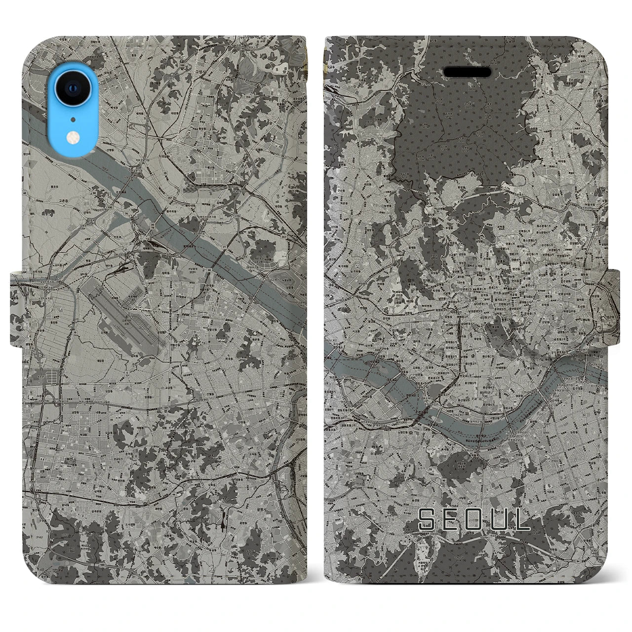 【ソウル(韓国)】地図柄iPhoneケース(手帳タイプ)モノトーン・iPhone XR 用