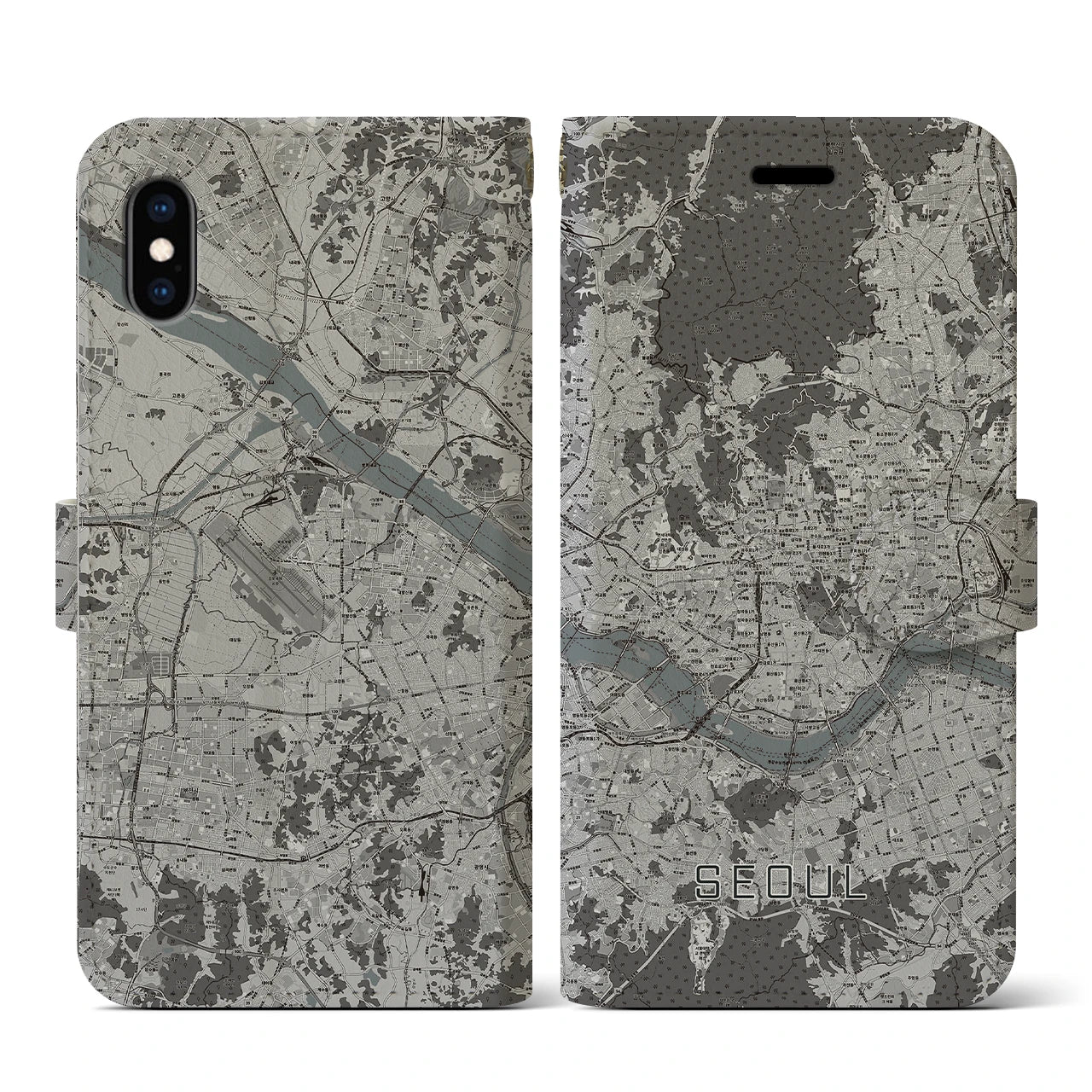 【ソウル(韓国)】地図柄iPhoneケース(手帳タイプ)モノトーン・iPhone XS / X 用