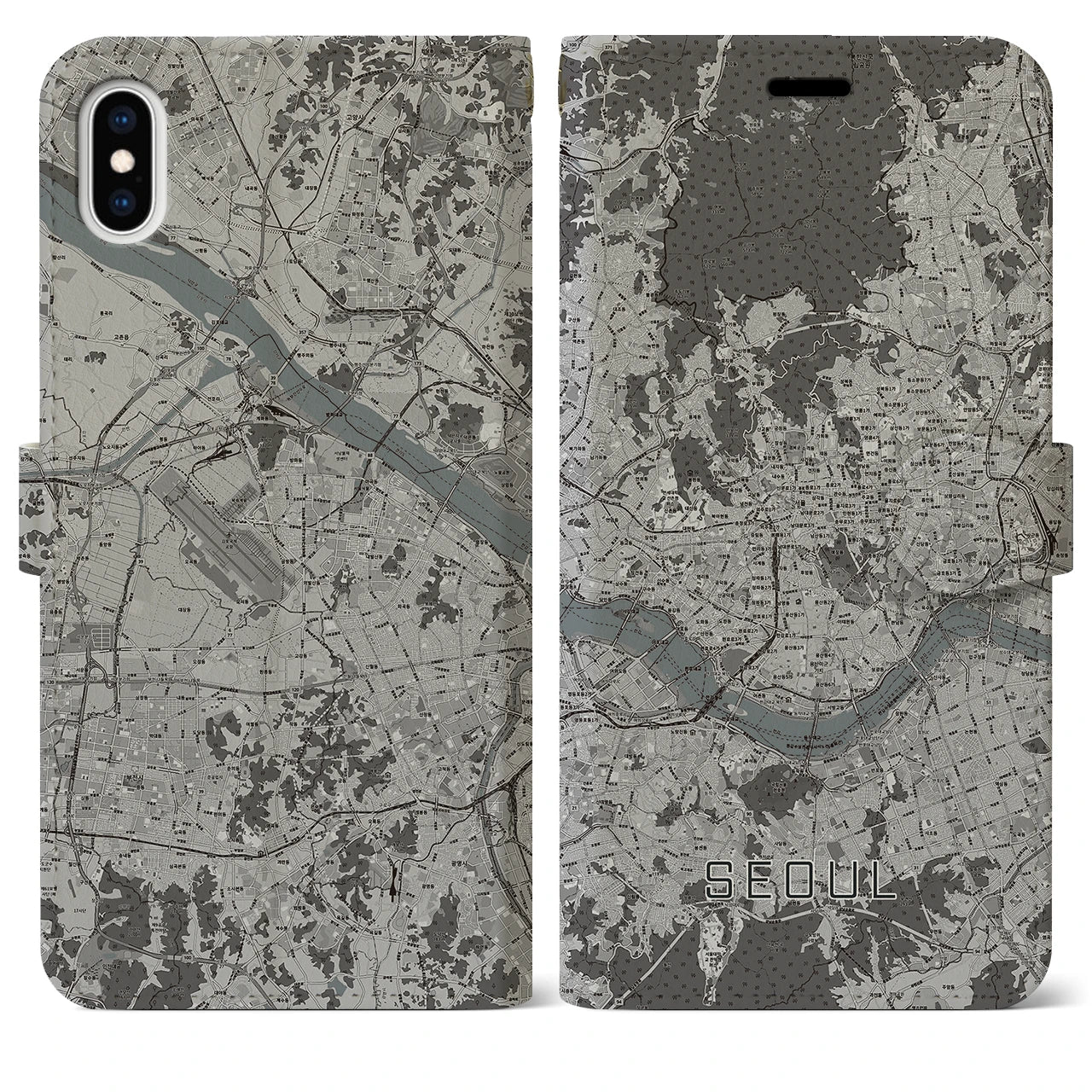 【ソウル(韓国)】地図柄iPhoneケース(手帳タイプ)モノトーン・iPhone XS Max 用