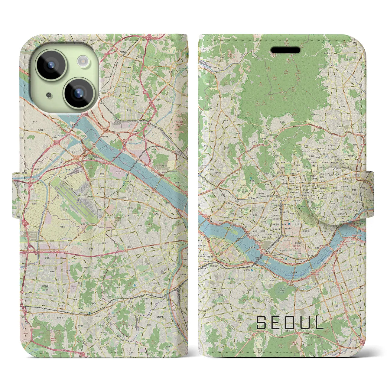 【ソウル(韓国)】地図柄iPhoneケース(手帳タイプ)ナチュラル・iPhone 15 用