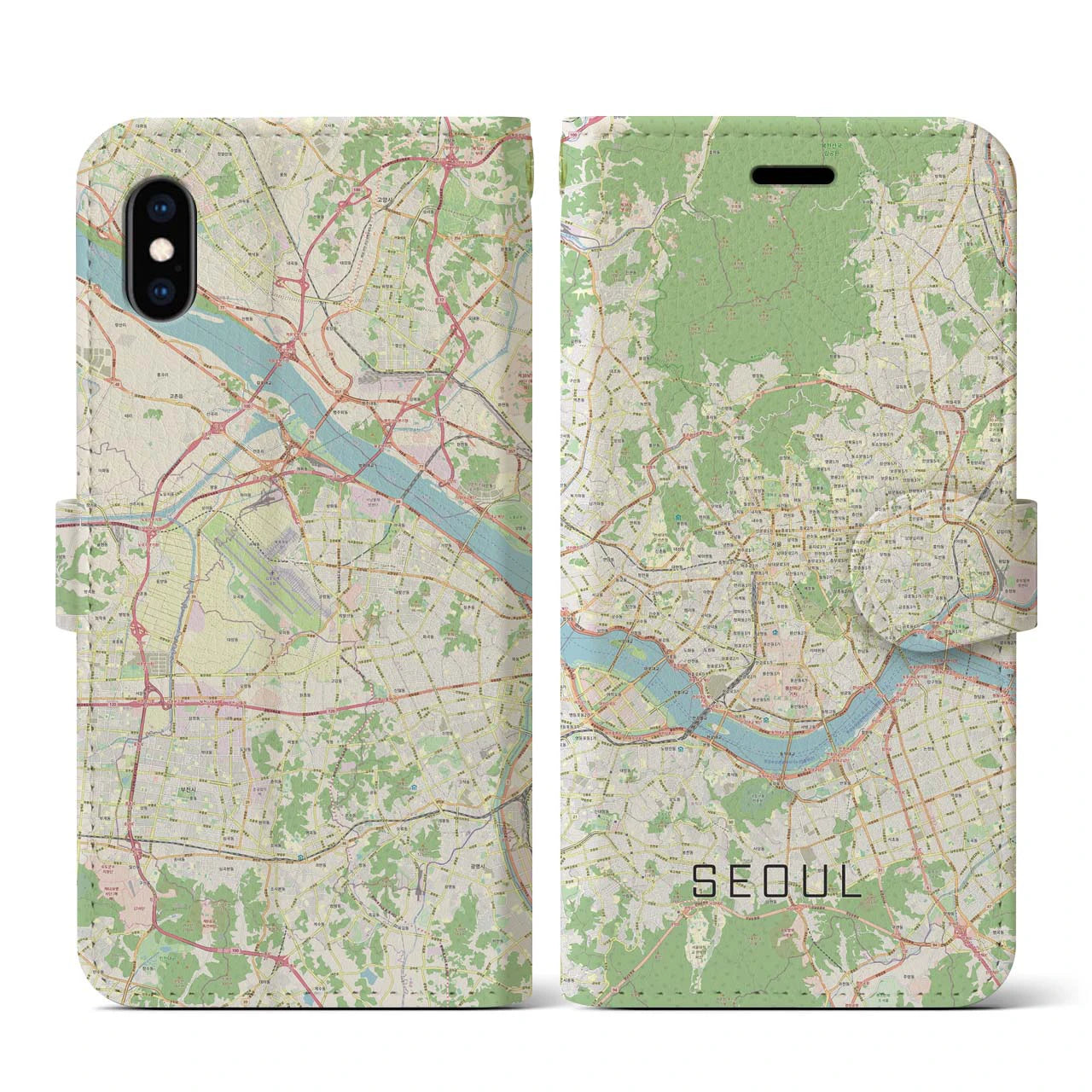 【ソウル(韓国)】地図柄iPhoneケース(手帳タイプ)ナチュラル・iPhone XS / X 用