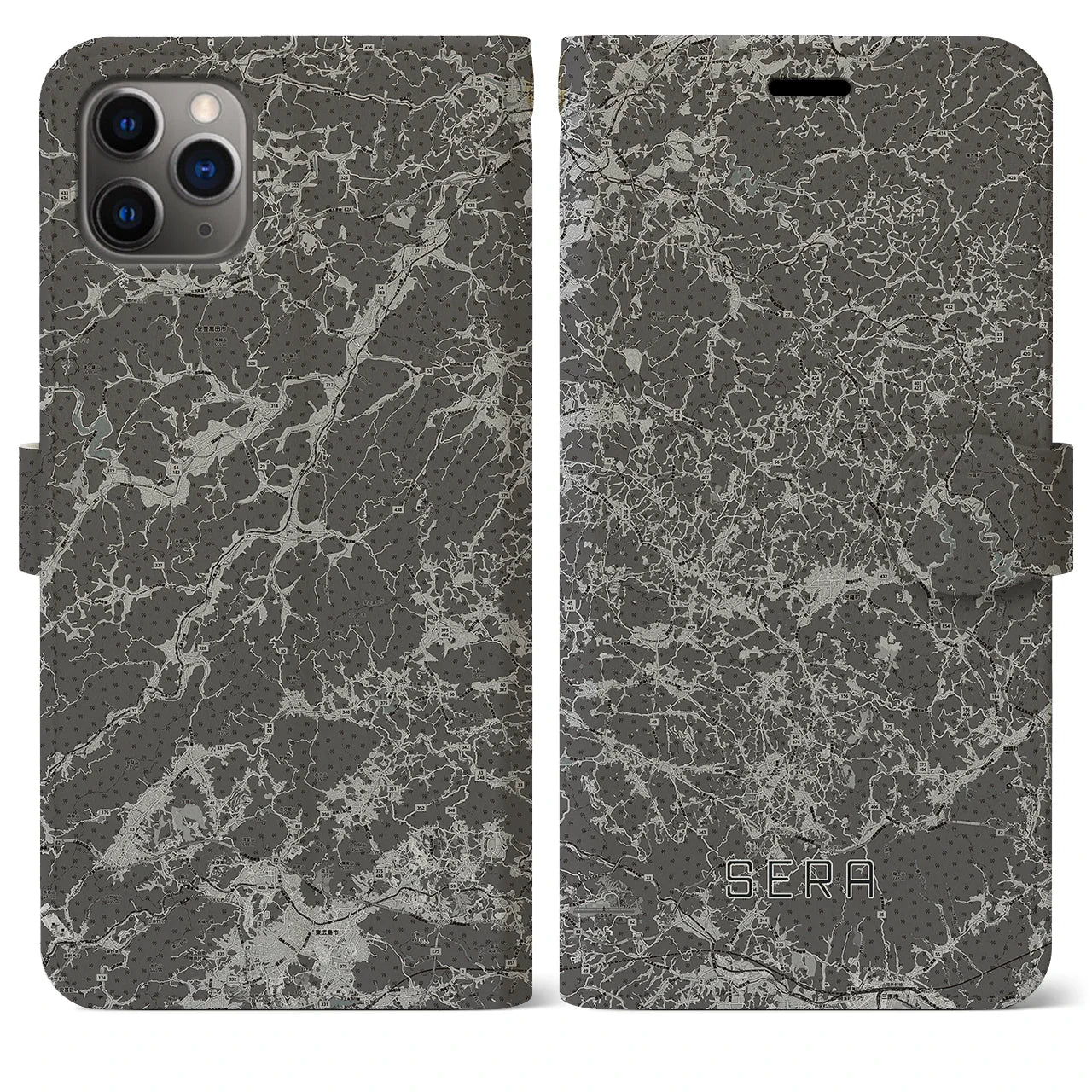 【世羅(広島県)】地図柄iPhoneケース(手帳タイプ)モノトーン・iPhone 11 Pro Max 用