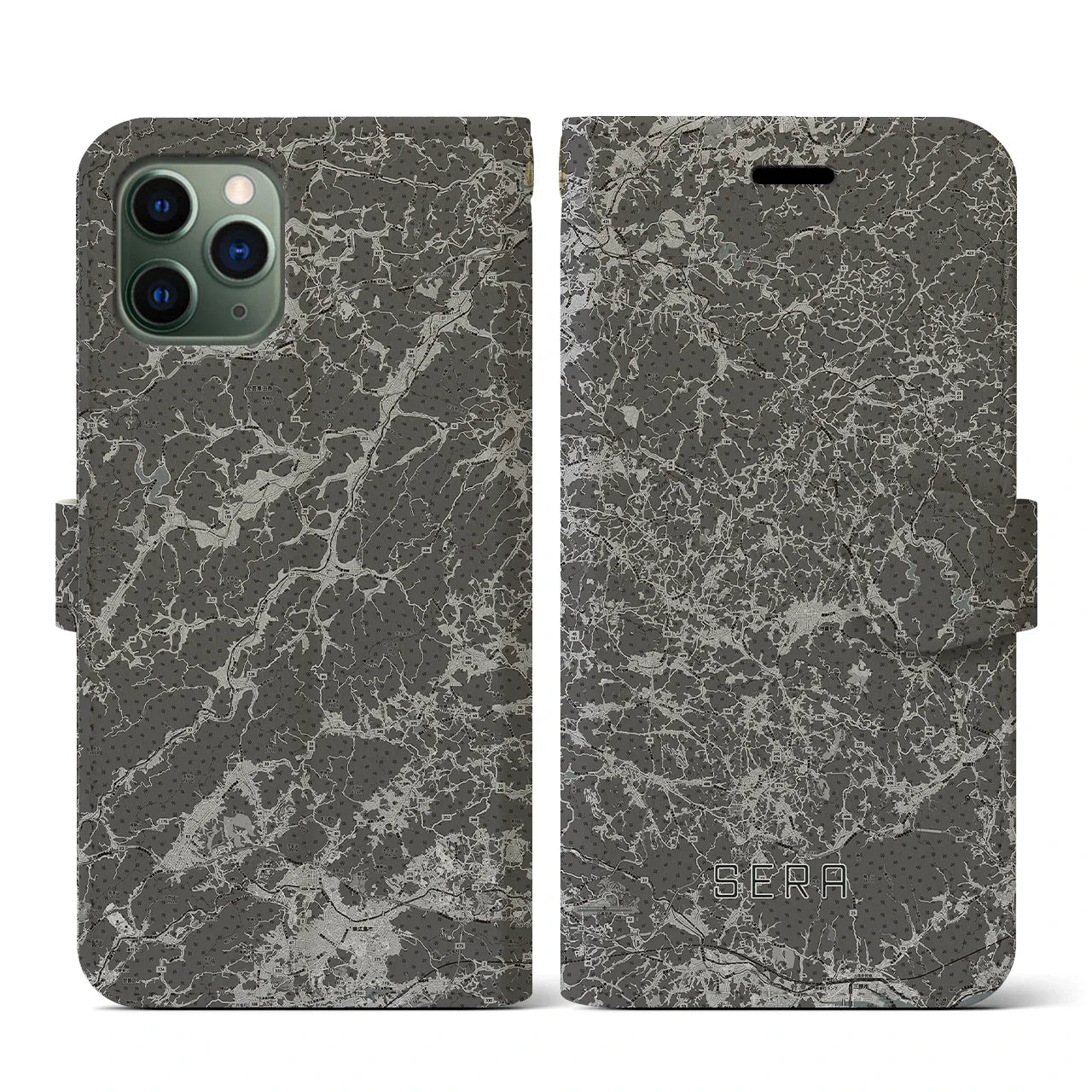 【世羅(広島県)】地図柄iPhoneケース(手帳タイプ)モノトーン・iPhone 11 Pro 用