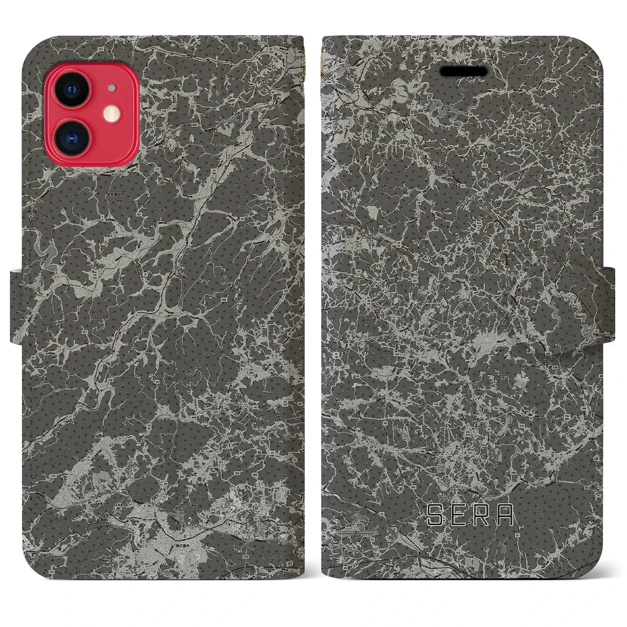 【世羅(広島県)】地図柄iPhoneケース(手帳タイプ)モノトーン・iPhone 11 用