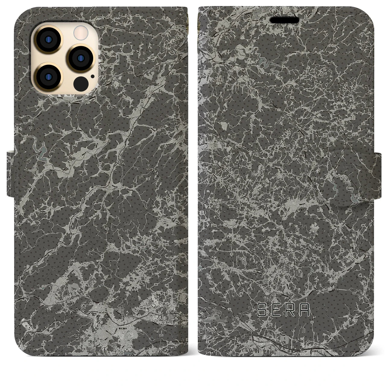 【世羅(広島県)】地図柄iPhoneケース(手帳タイプ)モノトーン・iPhone 12 Pro Max 用