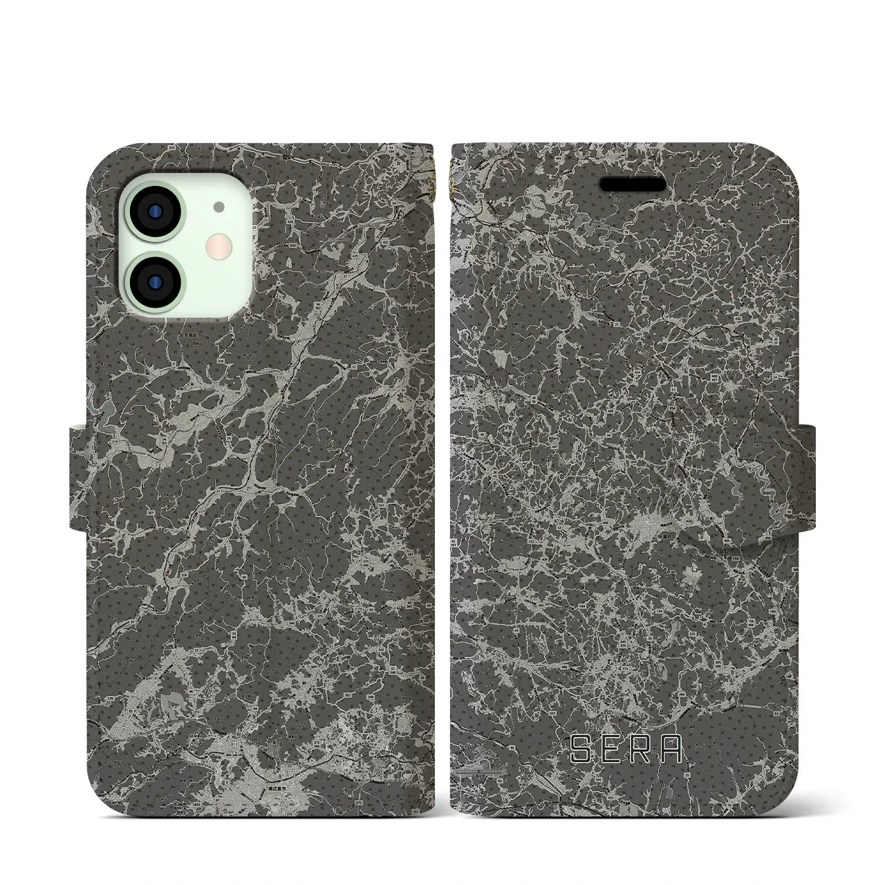 【世羅(広島県)】地図柄iPhoneケース(手帳タイプ)モノトーン・iPhone 12 mini 用