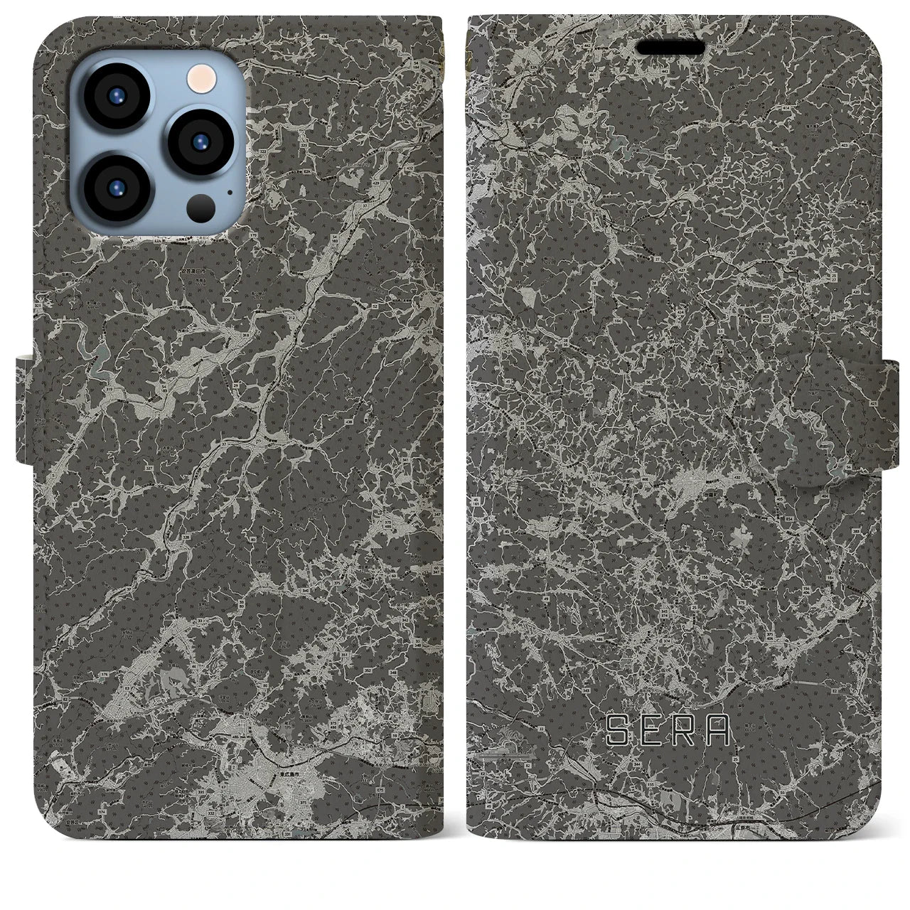 【世羅(広島県)】地図柄iPhoneケース(手帳タイプ)モノトーン・iPhone 13 Pro Max 用