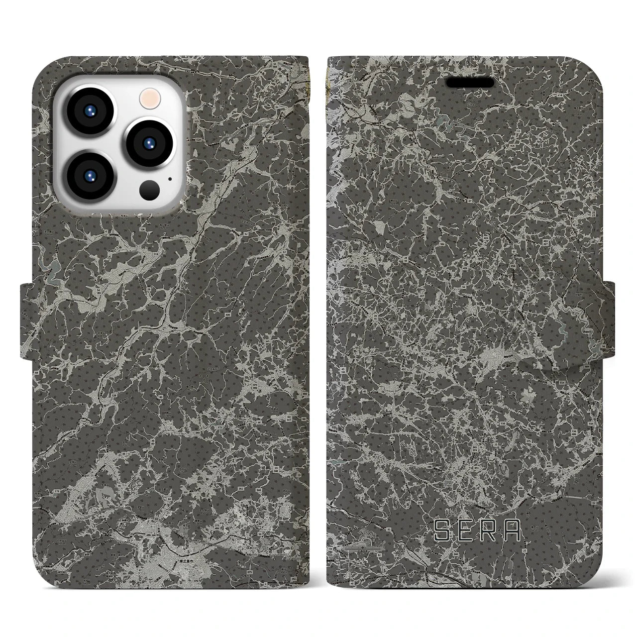 【世羅(広島県)】地図柄iPhoneケース(手帳タイプ)モノトーン・iPhone 13 Pro 用