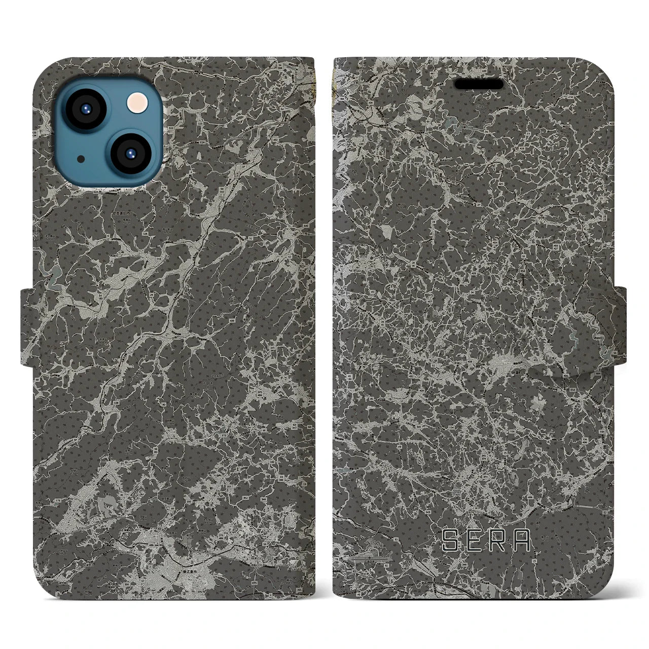 【世羅(広島県)】地図柄iPhoneケース(手帳タイプ)モノトーン・iPhone 13 用