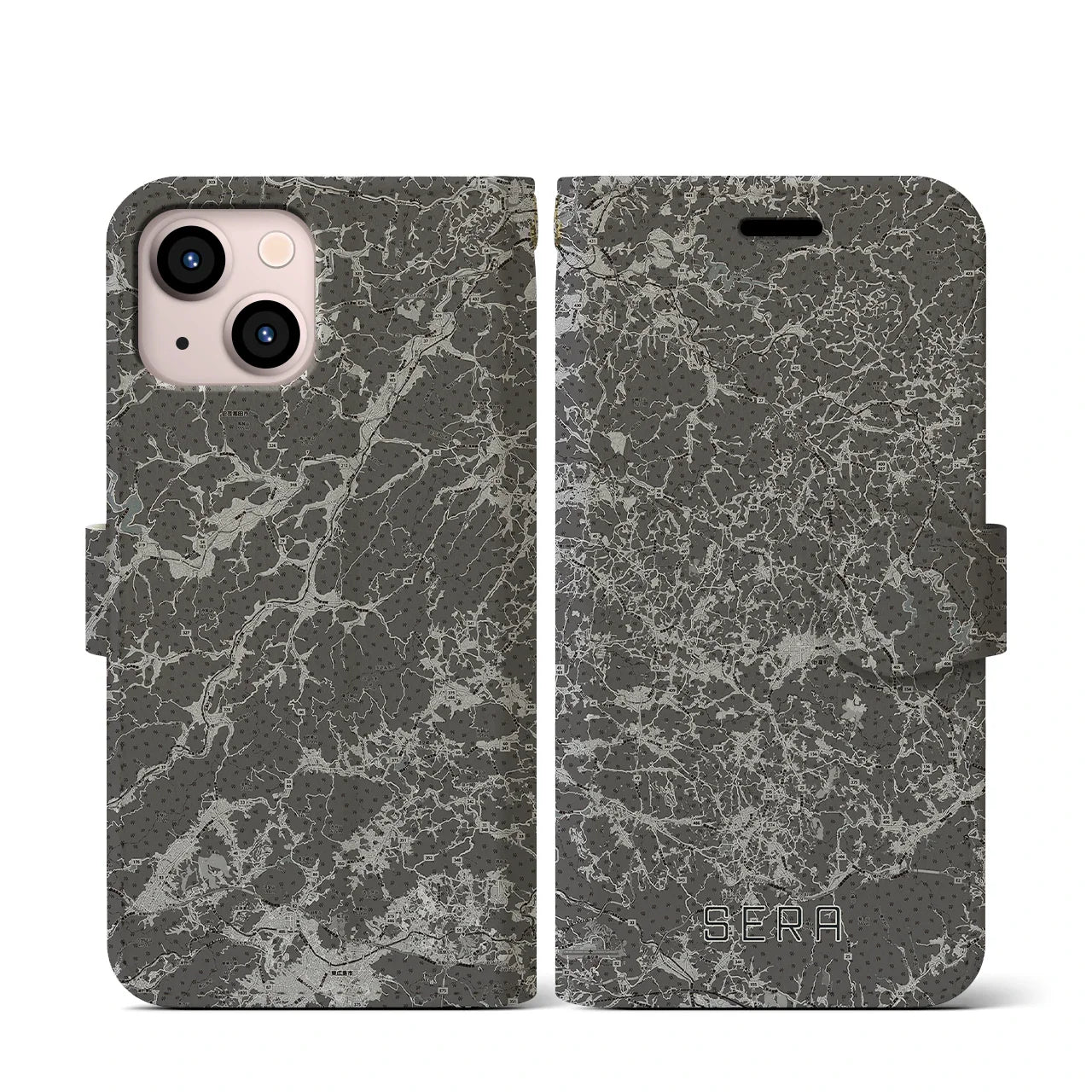 【世羅(広島県)】地図柄iPhoneケース(手帳タイプ)モノトーン・iPhone 13 mini 用