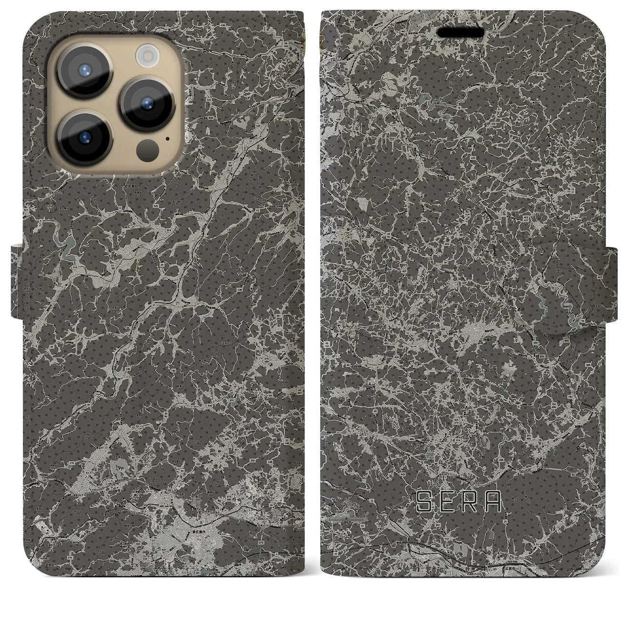 【世羅(広島県)】地図柄iPhoneケース(手帳タイプ)モノトーン・iPhone 14 Pro Max 用