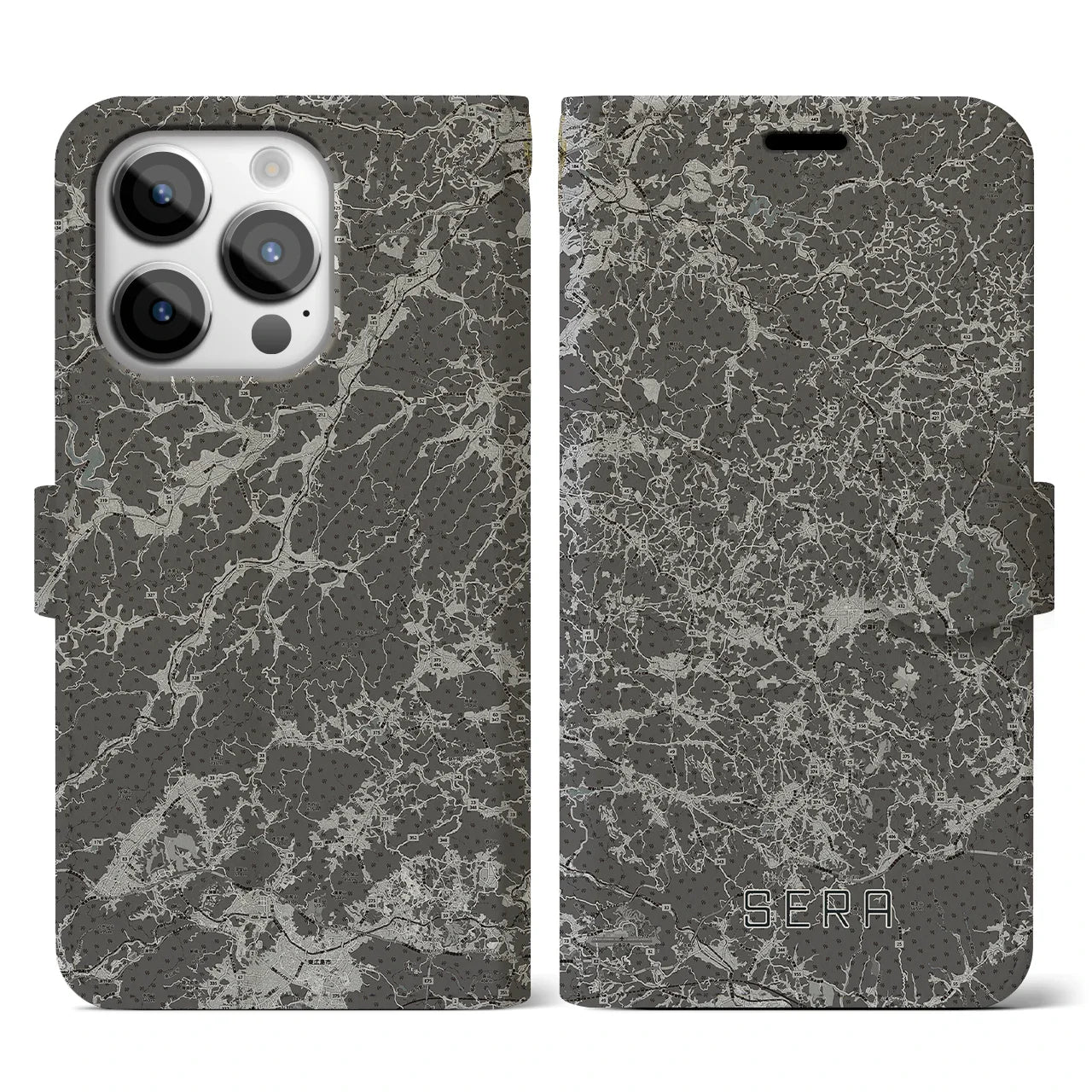 【世羅(広島県)】地図柄iPhoneケース(手帳タイプ)モノトーン・iPhone 14 Pro 用