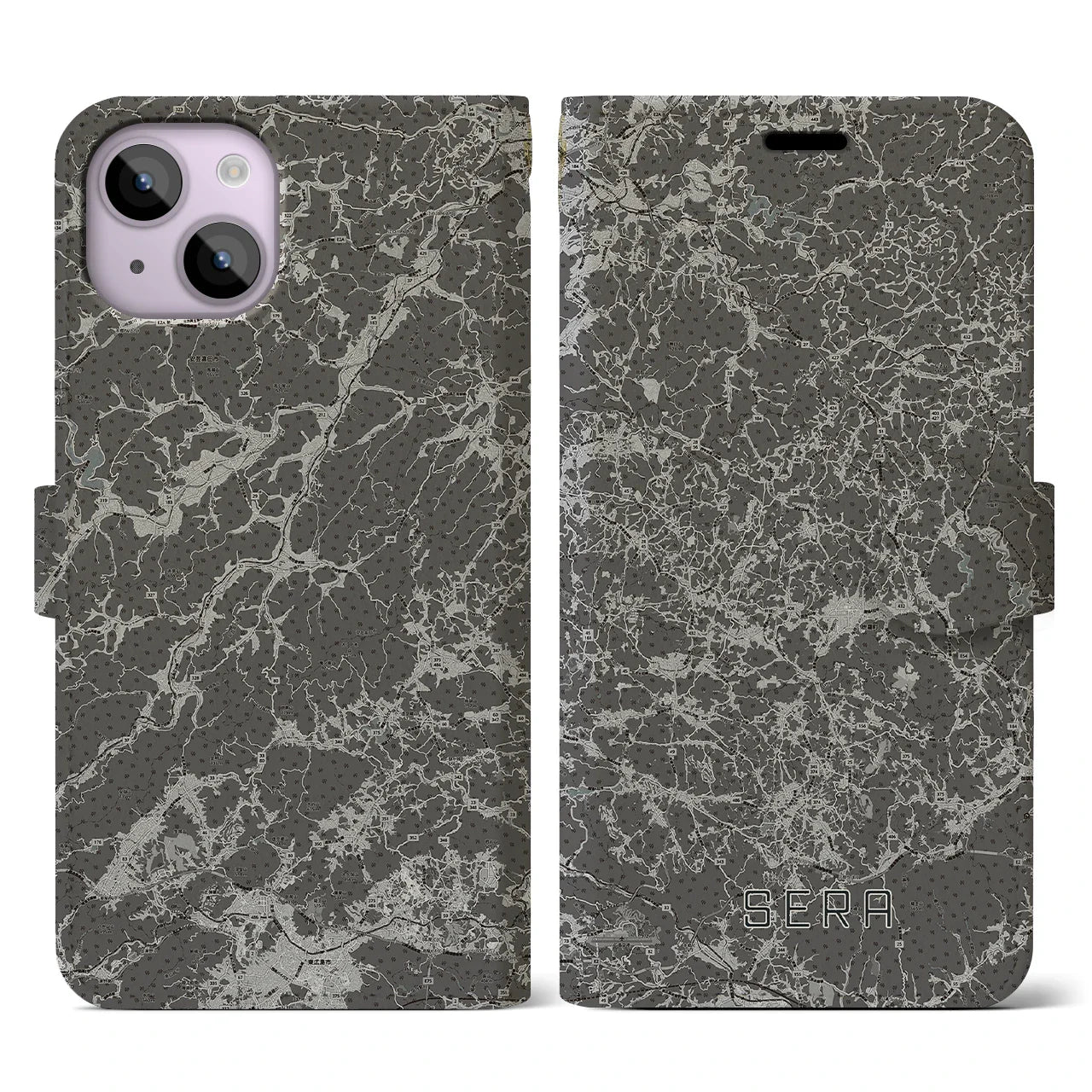 【世羅(広島県)】地図柄iPhoneケース(手帳タイプ)モノトーン・iPhone 14 用