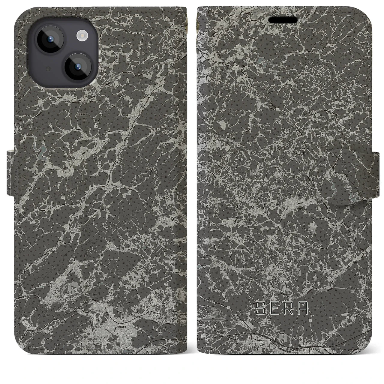 【世羅(広島県)】地図柄iPhoneケース(手帳タイプ)モノトーン・iPhone 14 Plus 用