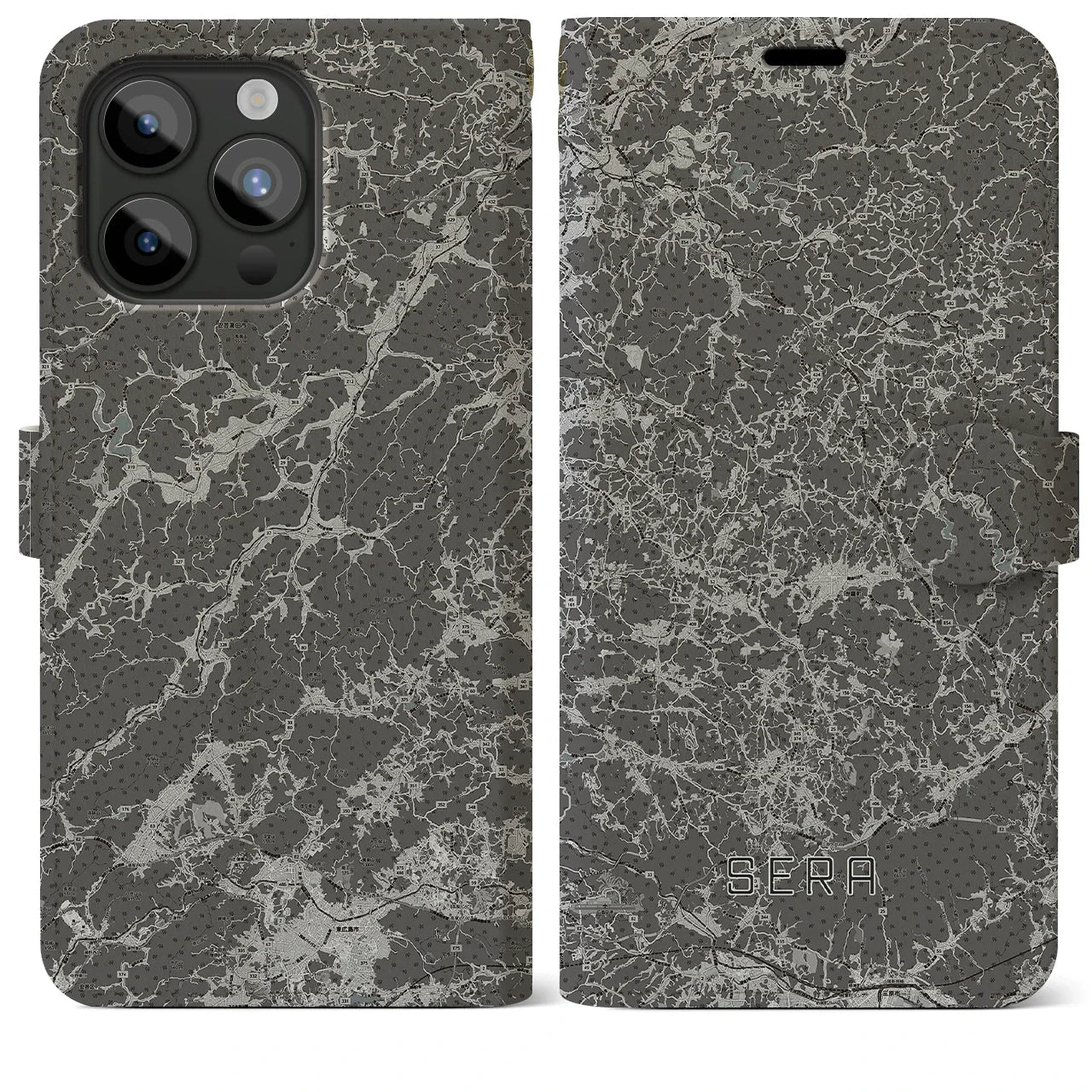 【世羅(広島県)】地図柄iPhoneケース(手帳タイプ)モノトーン・iPhone 15 Pro Max 用