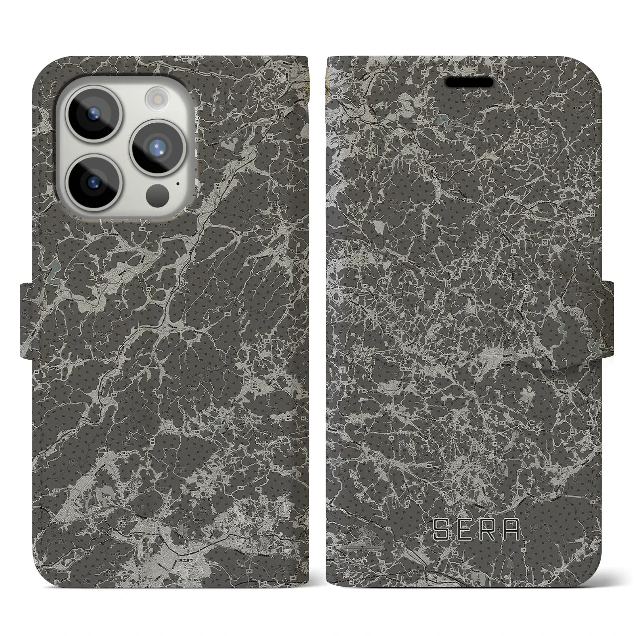 【世羅(広島県)】地図柄iPhoneケース(手帳タイプ)モノトーン・iPhone 15 Pro 用