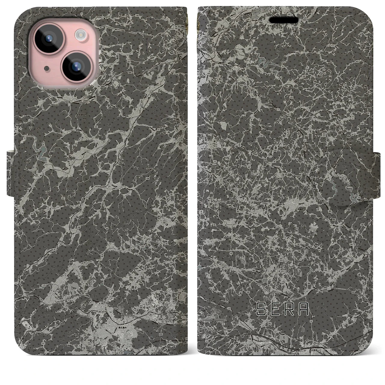 【世羅(広島県)】地図柄iPhoneケース(手帳タイプ)モノトーン・iPhone 15 Plus 用