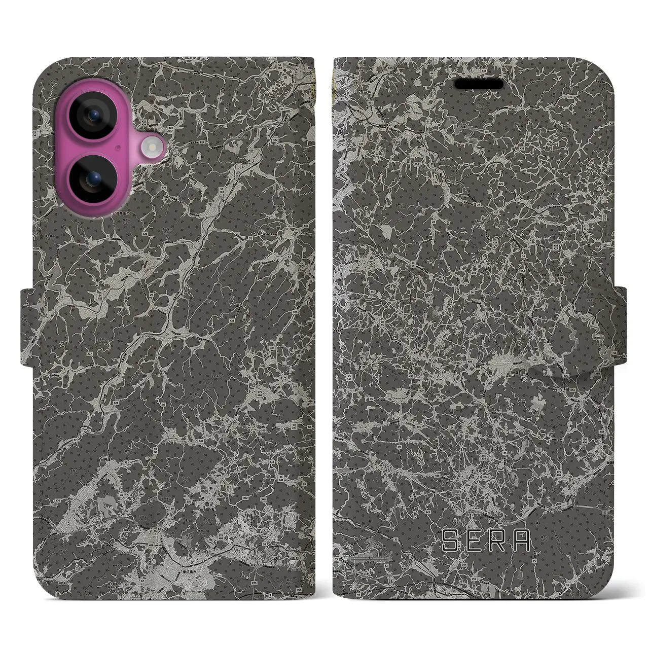 【世羅(広島県)】地図柄iPhoneケース(手帳タイプ)モノトーン・iPhone 16 Pro 用