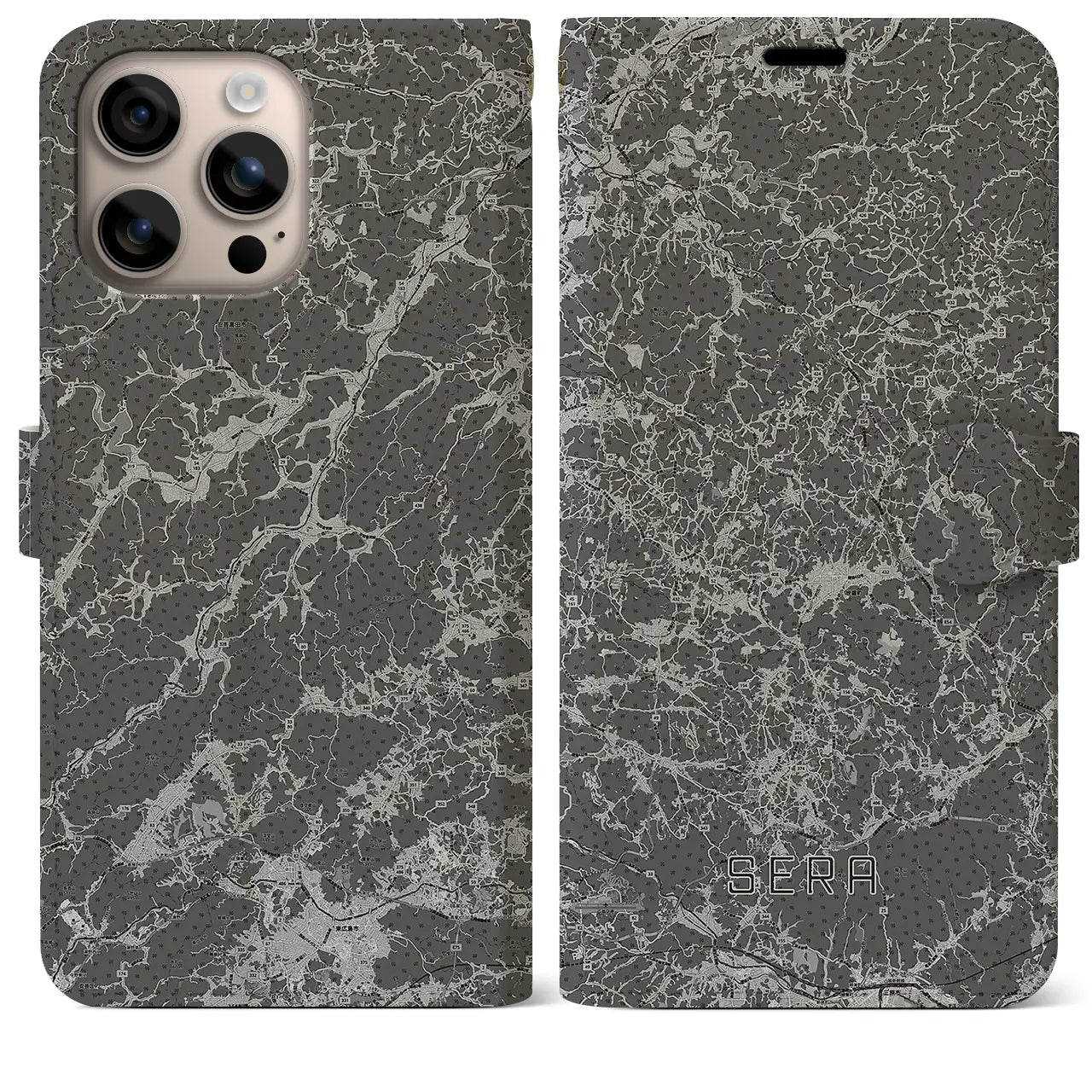 【世羅(広島県)】地図柄iPhoneケース(手帳タイプ)モノトーン・iPhone 16 Plus 用