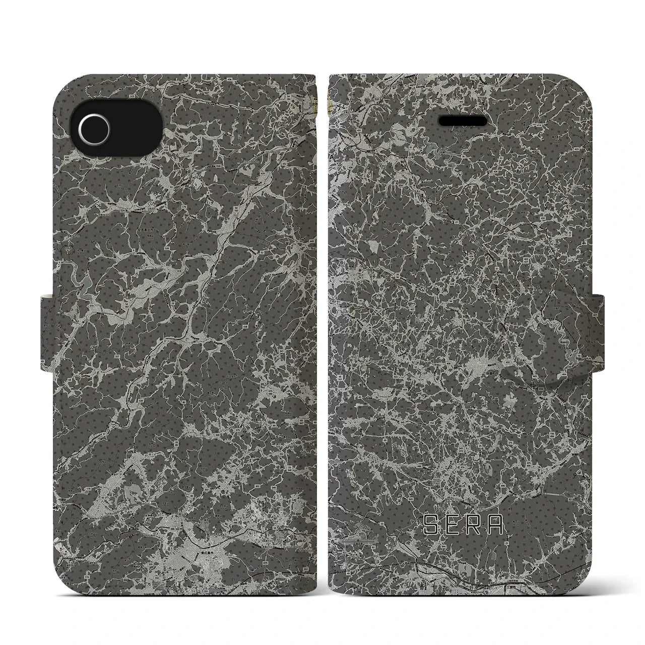 【世羅(広島県)】地図柄iPhoneケース(手帳タイプ)モノトーン・iPhone SE(第3 / 第2世代) / 8 / 7 / 6s / 6 用