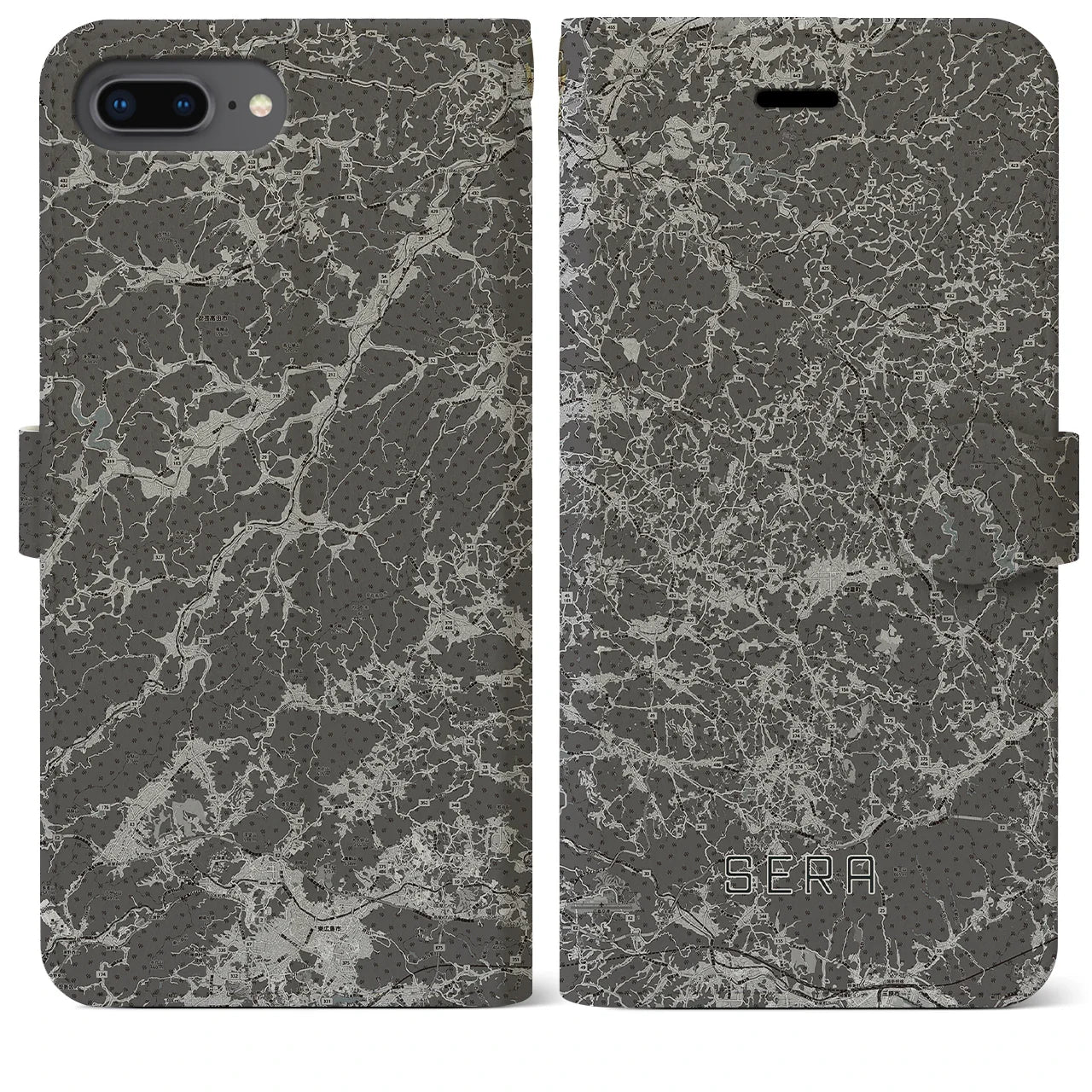 【世羅(広島県)】地図柄iPhoneケース(手帳タイプ)モノトーン・iPhone 8Plus /7Plus / 6sPlus / 6Plus 用