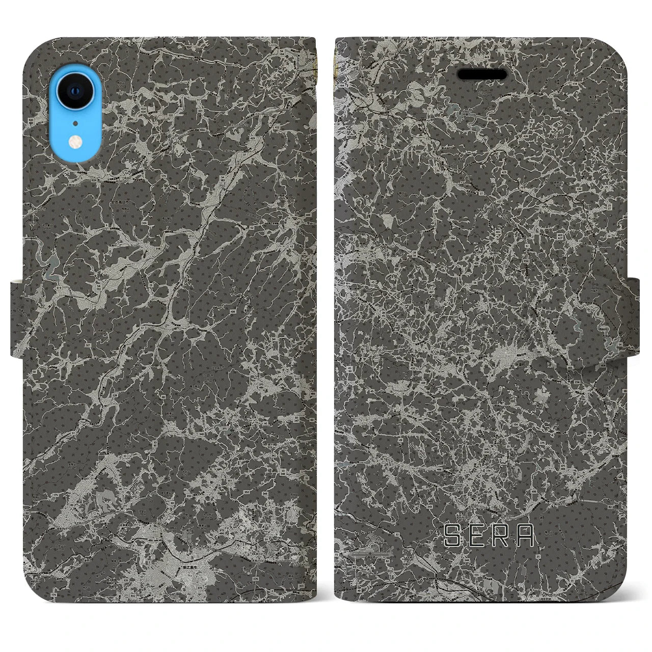 【世羅(広島県)】地図柄iPhoneケース(手帳タイプ)モノトーン・iPhone XR 用