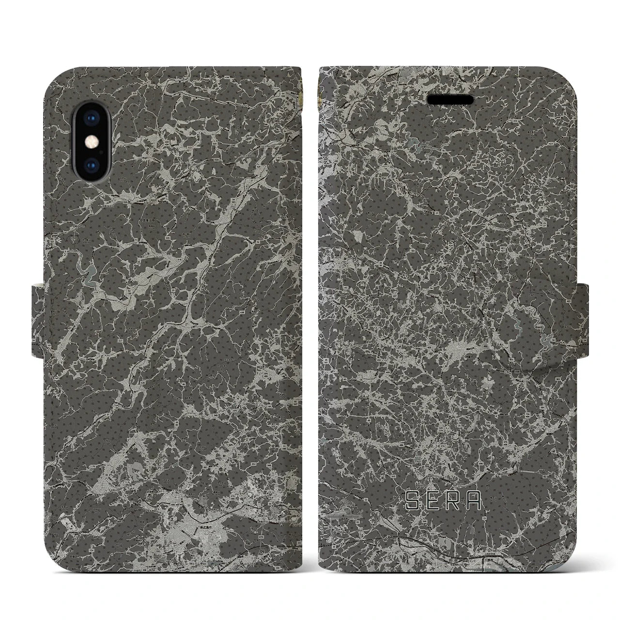 【世羅(広島県)】地図柄iPhoneケース(手帳タイプ)モノトーン・iPhone XS / X 用