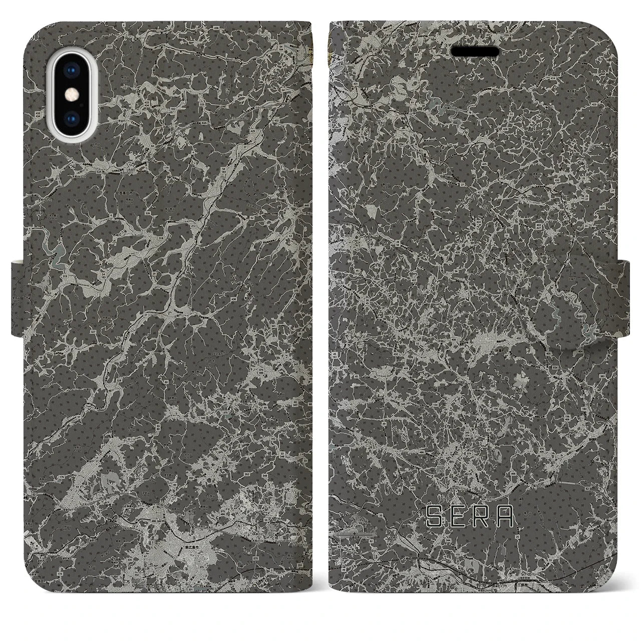 【世羅(広島県)】地図柄iPhoneケース(手帳タイプ)モノトーン・iPhone XS Max 用