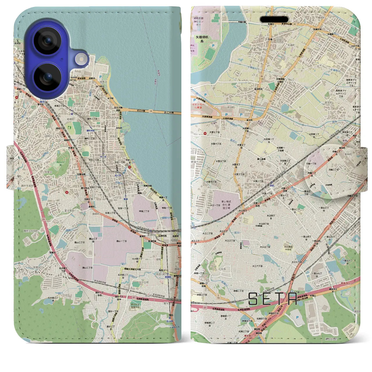 【瀬田(滋賀県)】地図柄iPhoneケース(手帳タイプ)モノトーン・iPhone 16 Pro Max 用