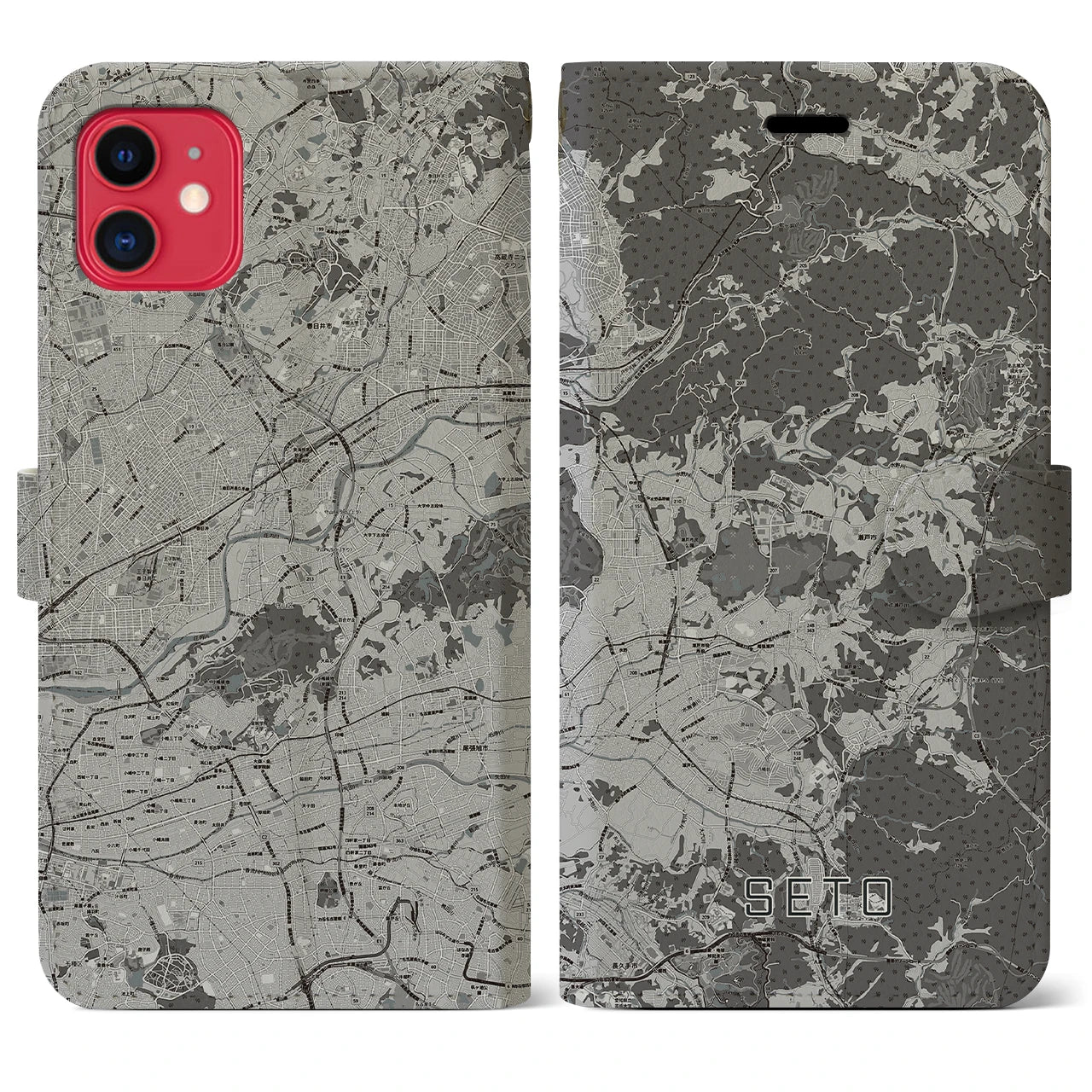 【瀬戸(愛知県)】地図柄iPhoneケース(手帳タイプ)モノトーン・iPhone 11 用
