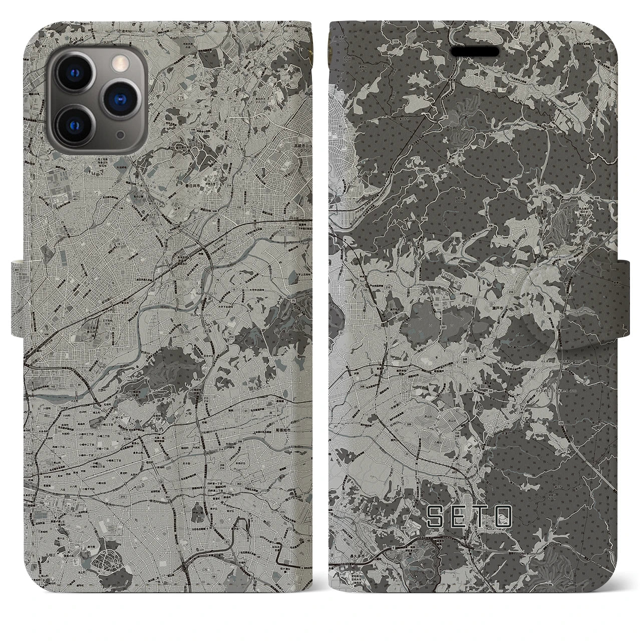 【瀬戸(愛知県)】地図柄iPhoneケース(手帳タイプ)モノトーン・iPhone 11 Pro Max 用