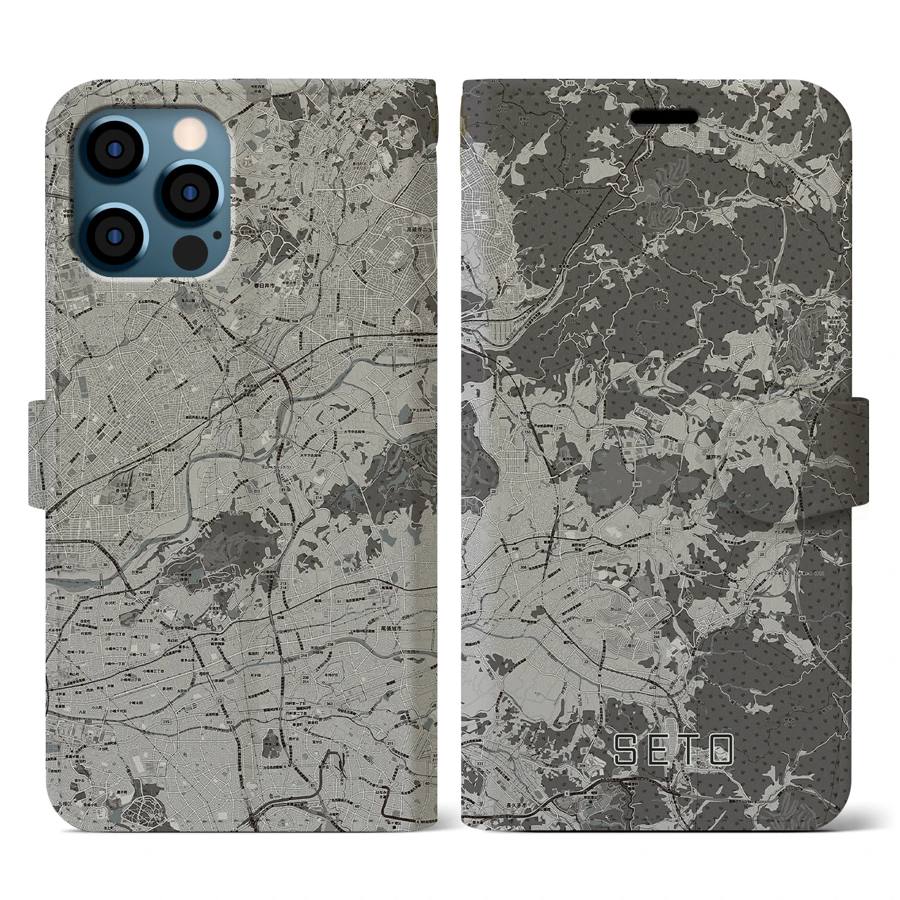 【瀬戸(愛知県)】地図柄iPhoneケース(手帳タイプ)モノトーン・iPhone 12 / 12 Pro 用