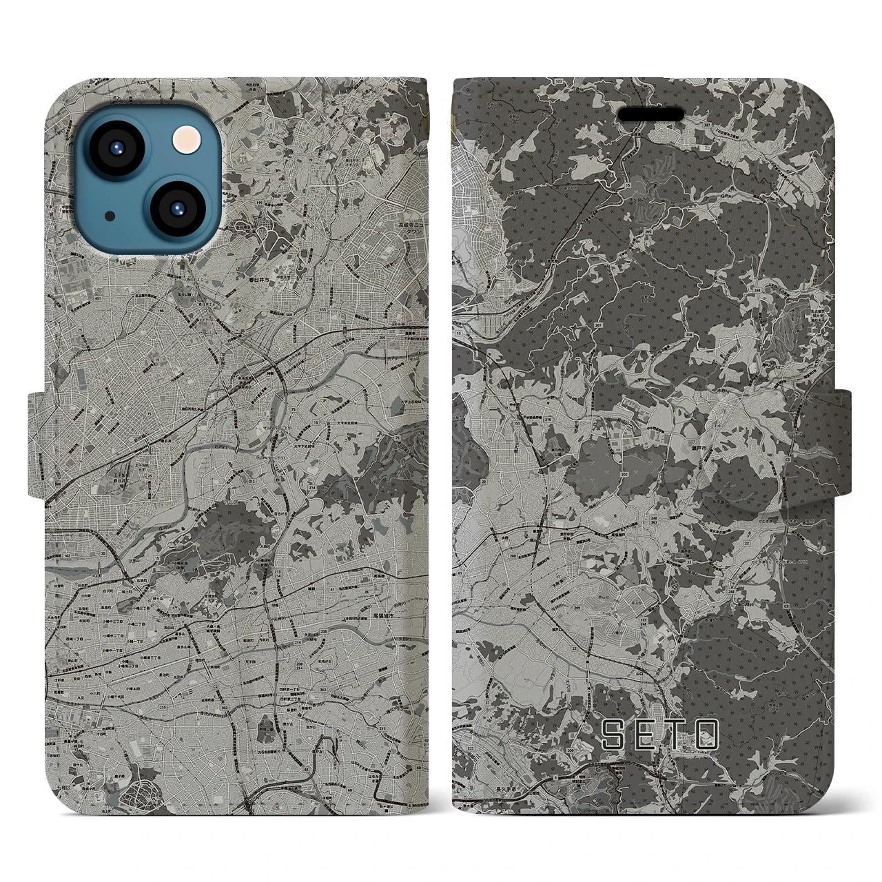 【瀬戸(愛知県)】地図柄iPhoneケース(手帳タイプ)モノトーン・iPhone 13 用