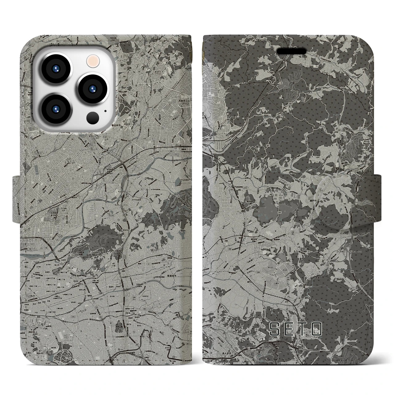 【瀬戸(愛知県)】地図柄iPhoneケース(手帳タイプ)モノトーン・iPhone 13 Pro 用