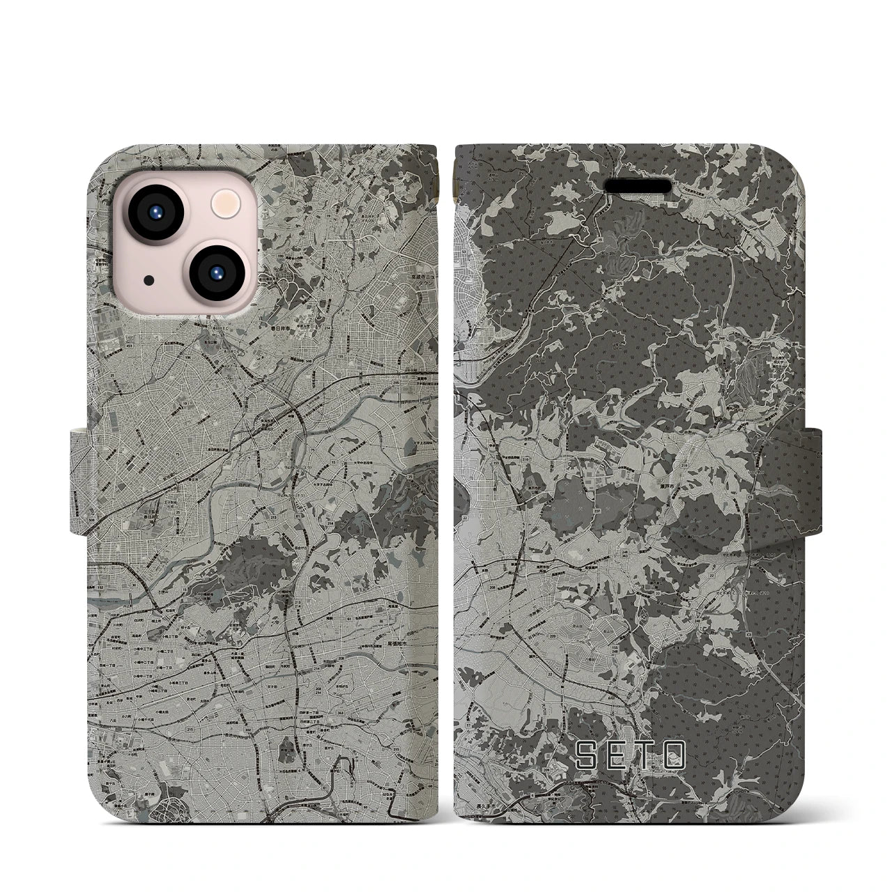 【瀬戸(愛知県)】地図柄iPhoneケース(手帳タイプ)モノトーン・iPhone 13 mini 用