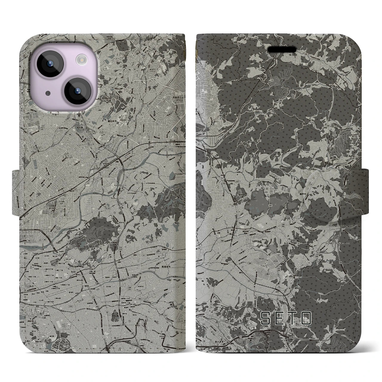 【瀬戸(愛知県)】地図柄iPhoneケース(手帳タイプ)モノトーン・iPhone 14 用