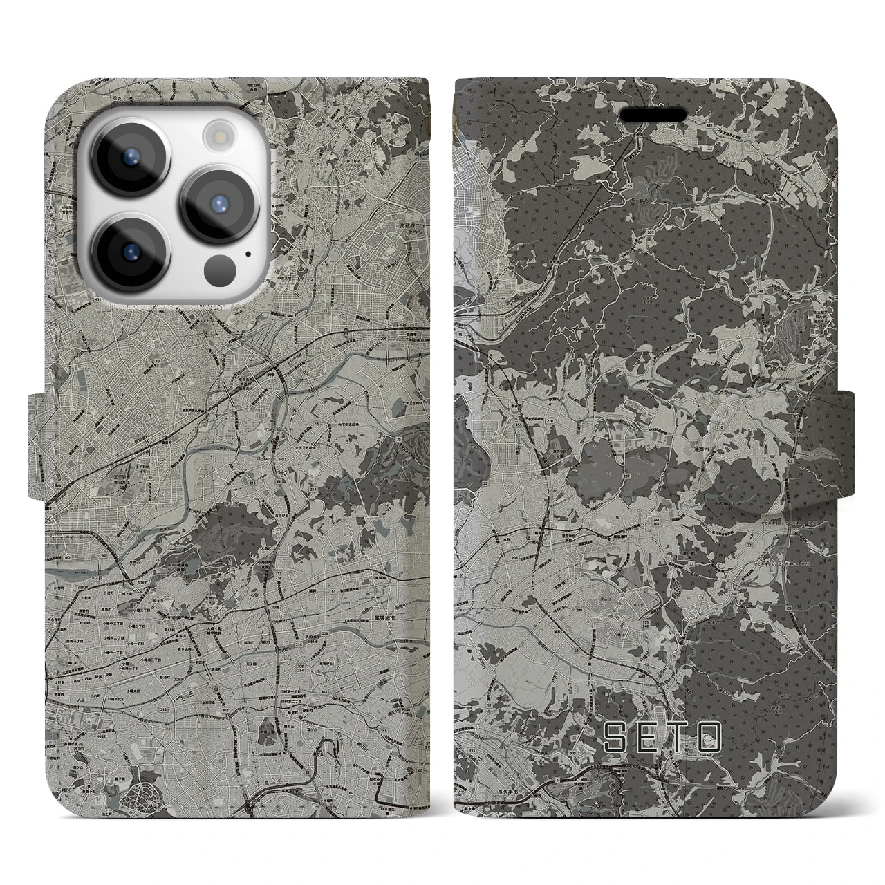 【瀬戸(愛知県)】地図柄iPhoneケース(手帳タイプ)モノトーン・iPhone 14 Pro 用