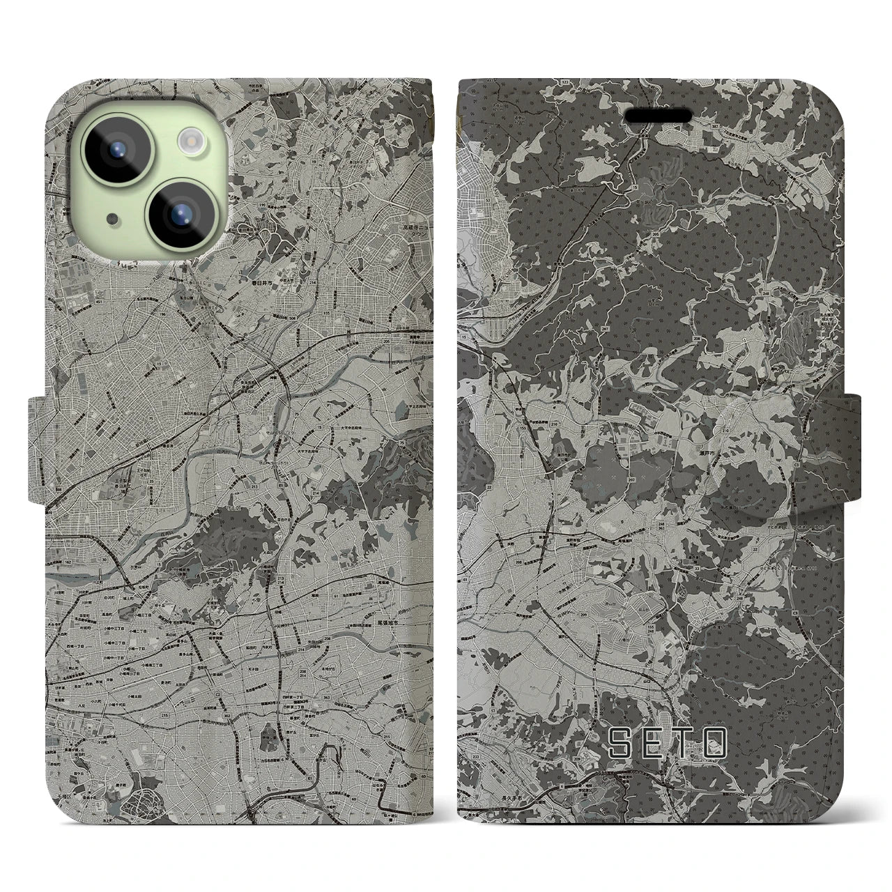 【瀬戸(愛知県)】地図柄iPhoneケース(手帳タイプ)モノトーン・iPhone 15 用
