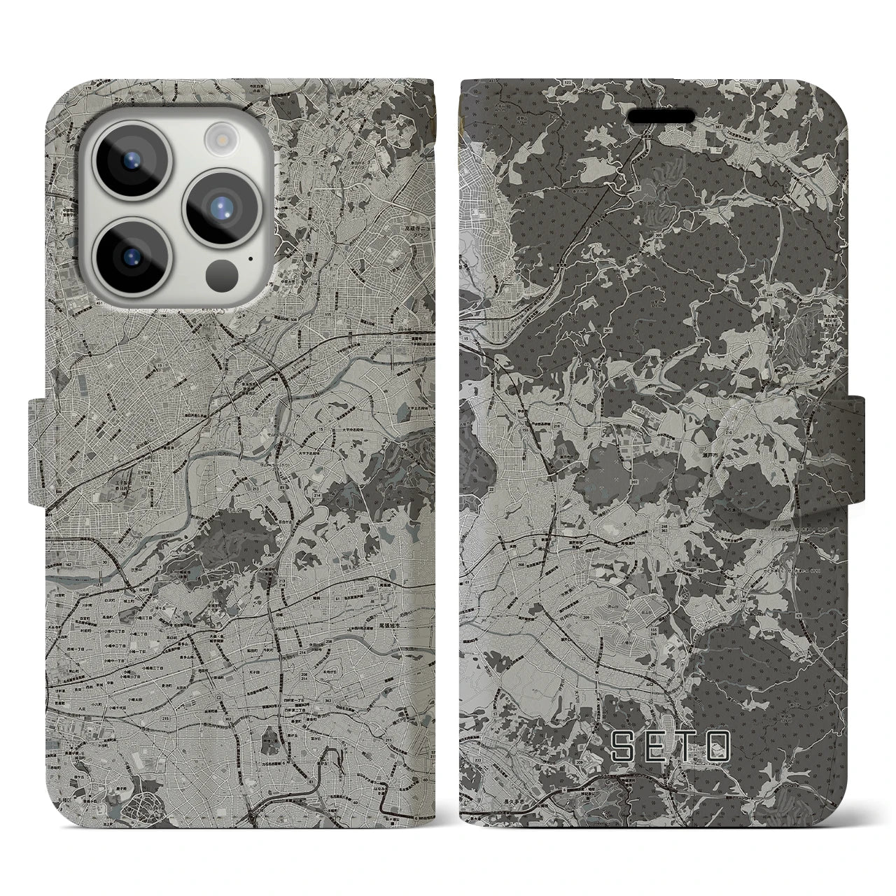 【瀬戸(愛知県)】地図柄iPhoneケース(手帳タイプ)モノトーン・iPhone 15 Pro 用