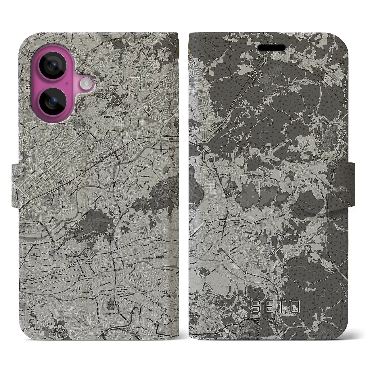 【瀬戸(愛知県)】地図柄iPhoneケース(手帳タイプ)モノトーン・iPhone 16 Pro 用