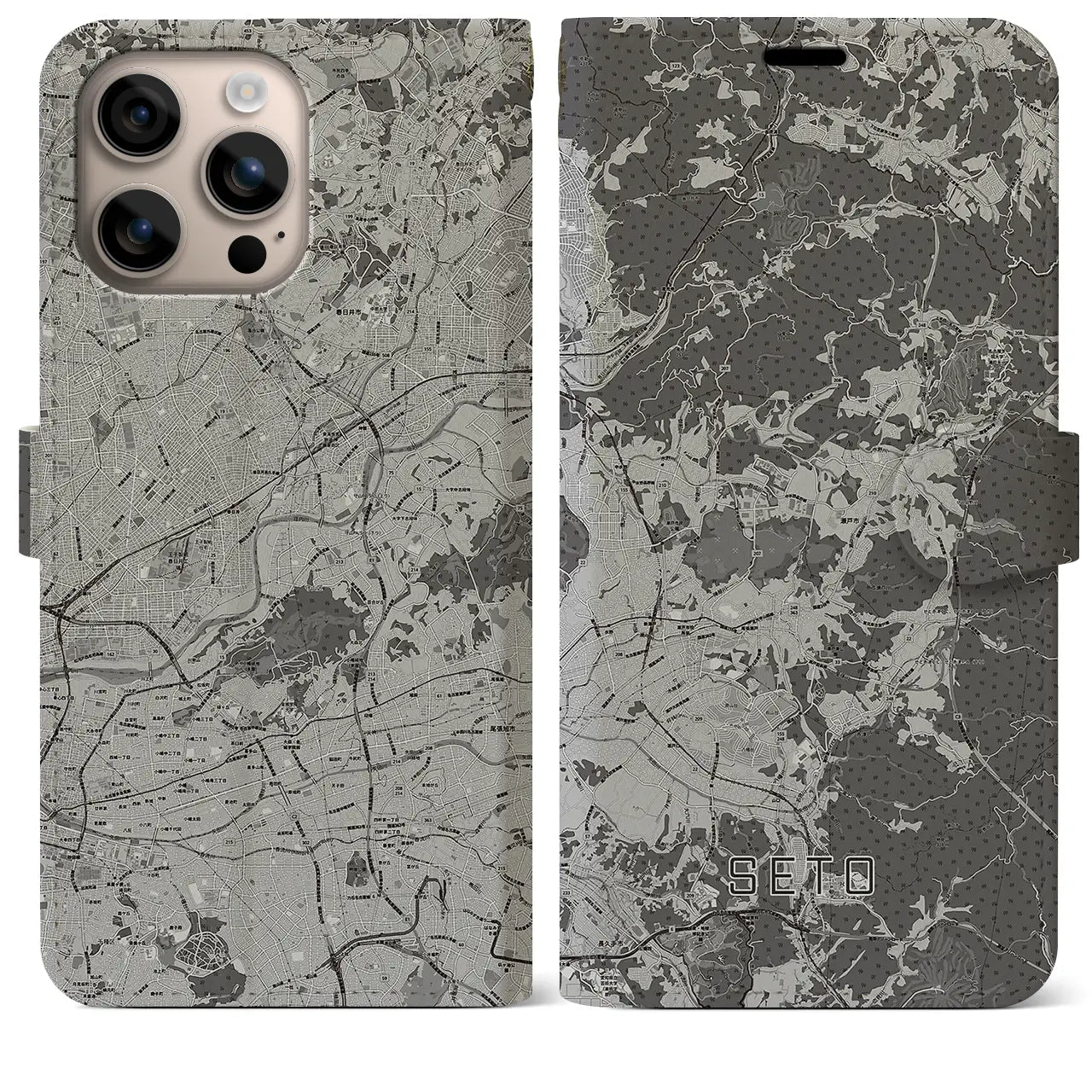【瀬戸(愛知県)】地図柄iPhoneケース(手帳タイプ)モノトーン・iPhone 16 Plus 用